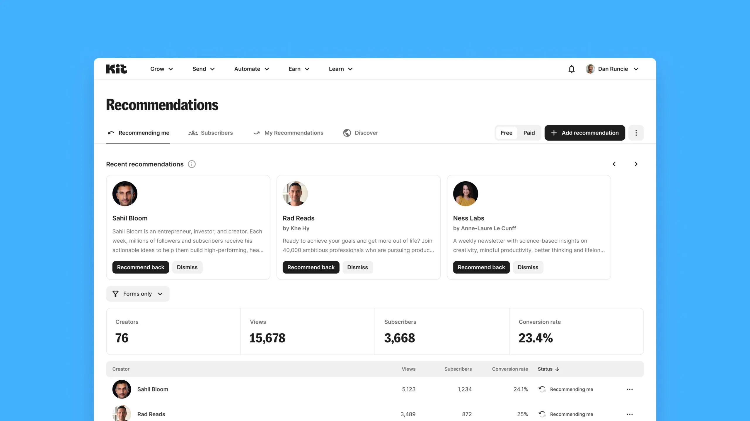Recommendations help creators grow faster together.