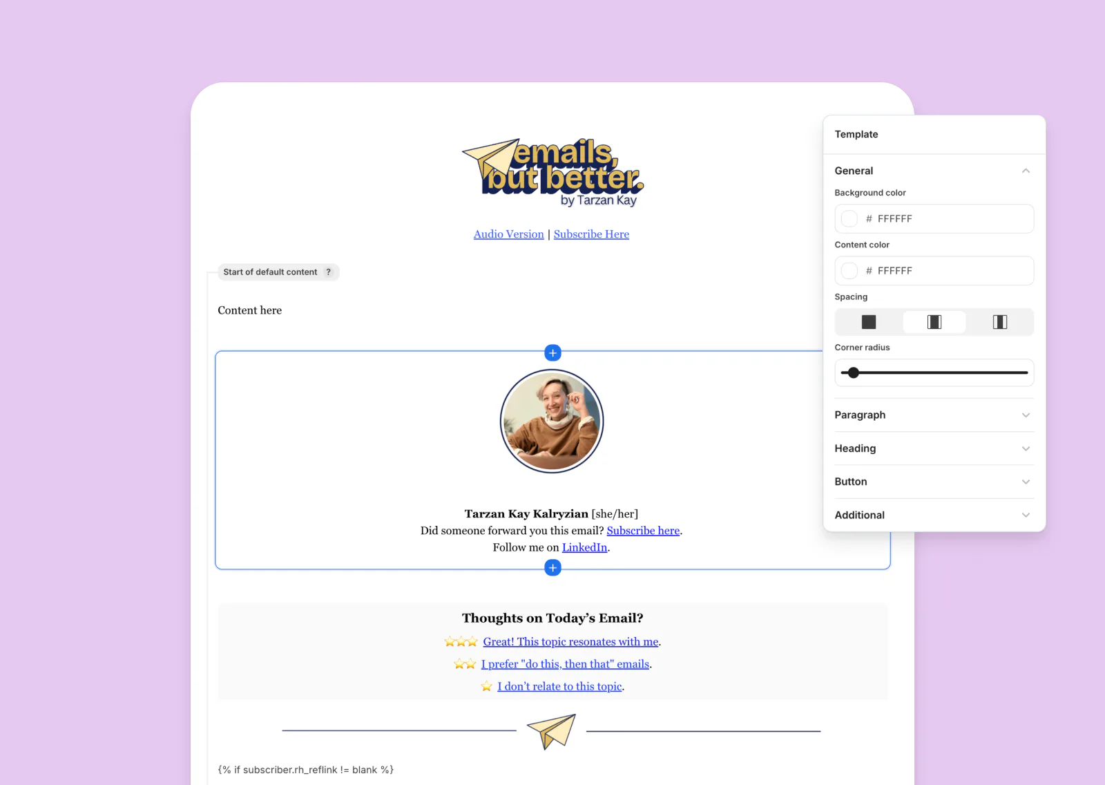 Tarzan Kay email example on purple background