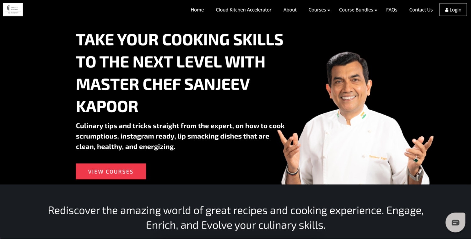 Masterchef Sanjeev Kapoor’s website has a red CTA button reading ‘View Courses’ to help students with their culinary skills