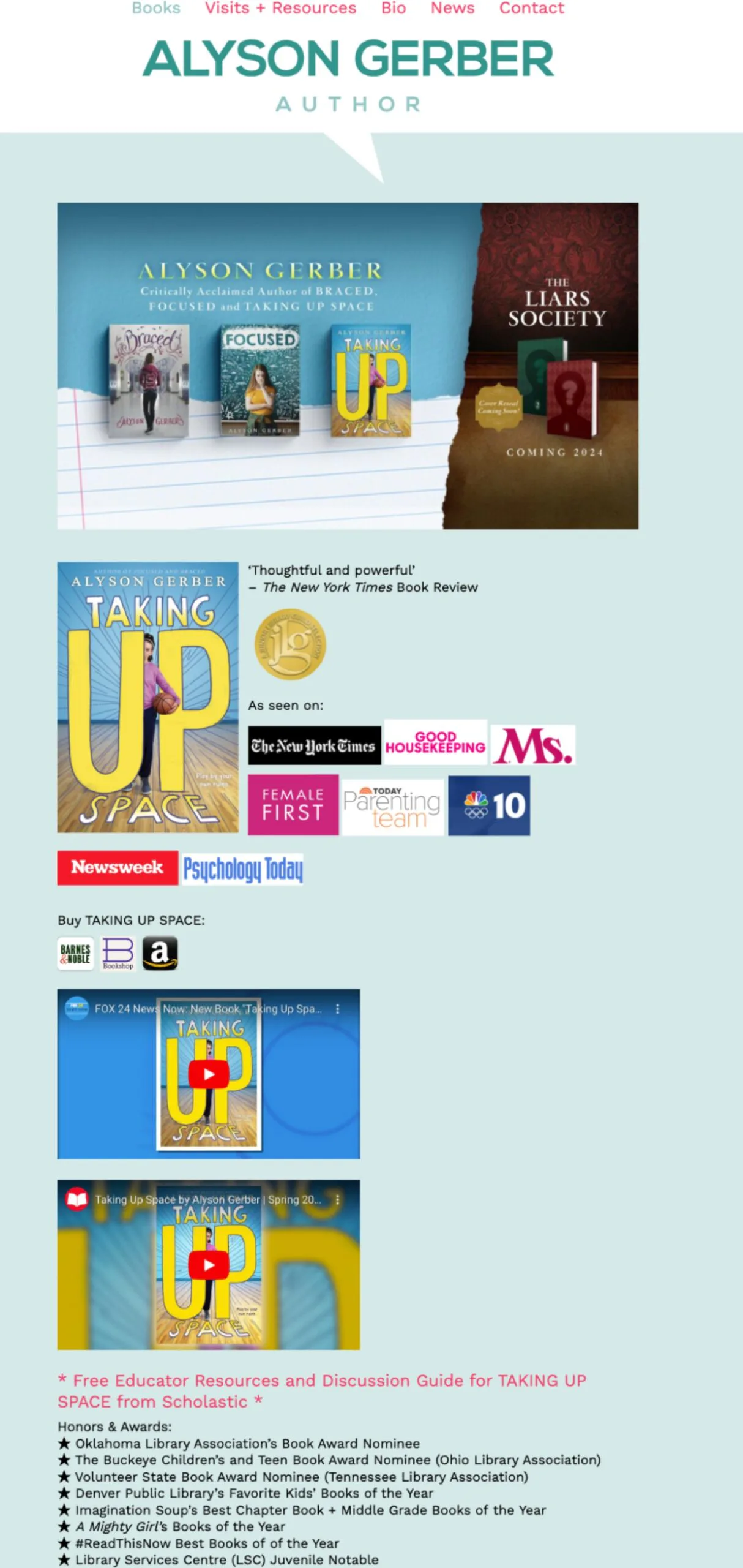 Author book landing page example featuring video trailers by Alyson Gerber