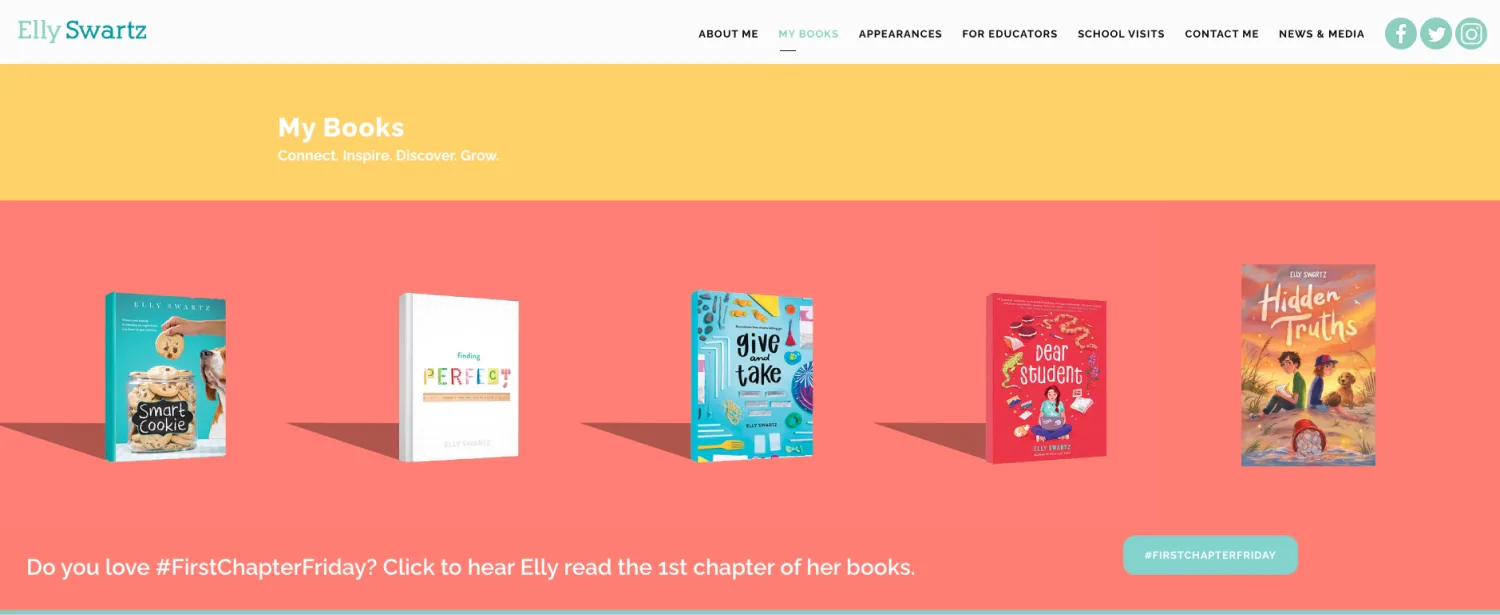 Book landing page design with sneak peek videos by Elly Swartz