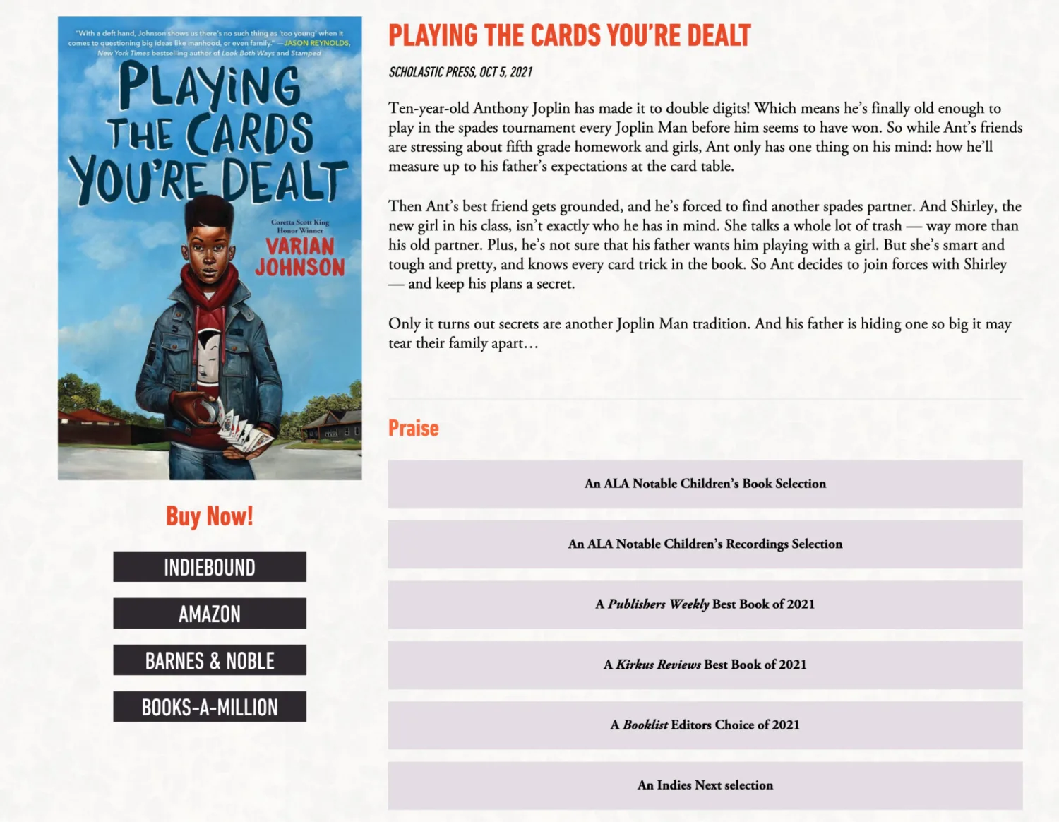 Book landing page with single CTA example by Varian Johnson