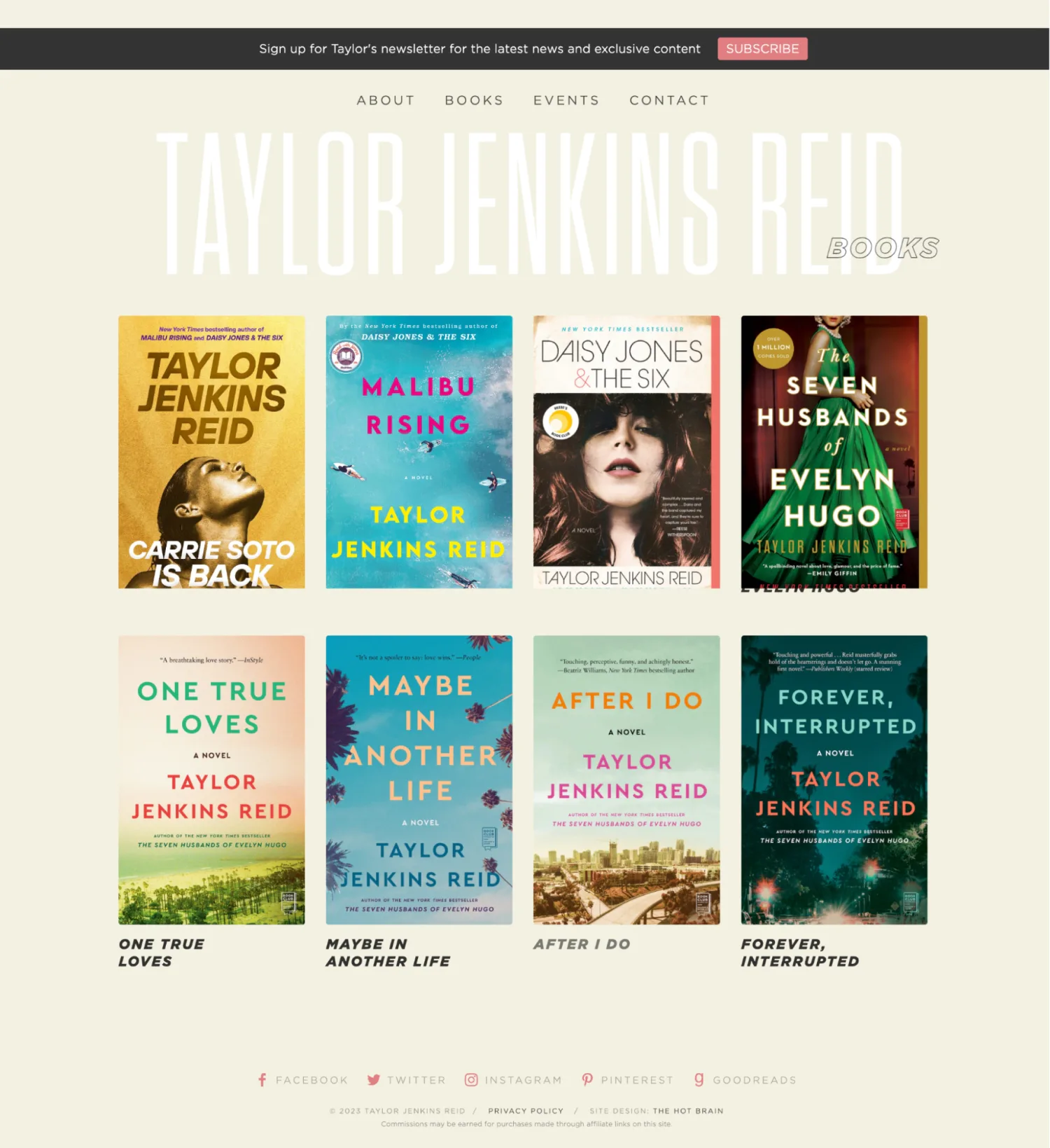 Author book landing page example showing full book collection by Taylor Jenkins Reid
