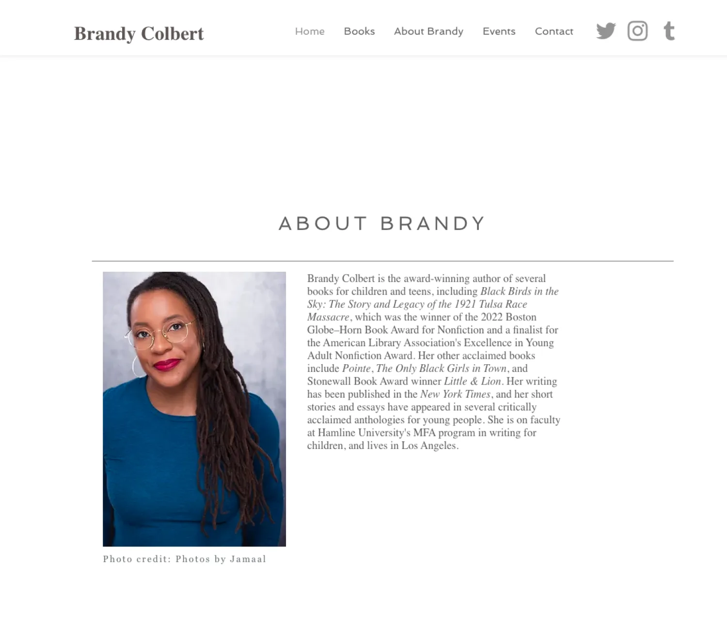 Author landing page example with bio by Brandy Colbert