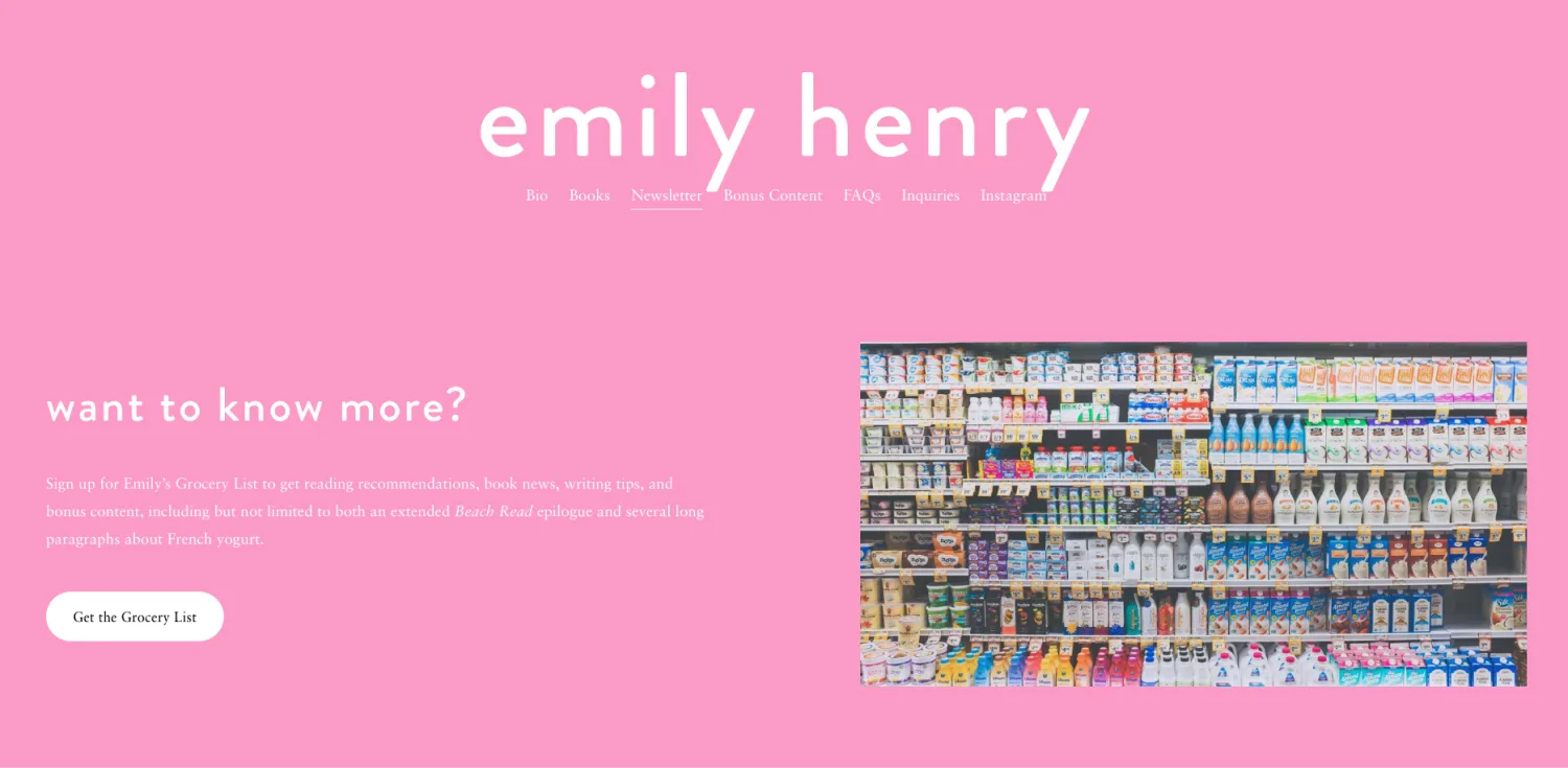 Author newsletter landing page example by Emily Henry