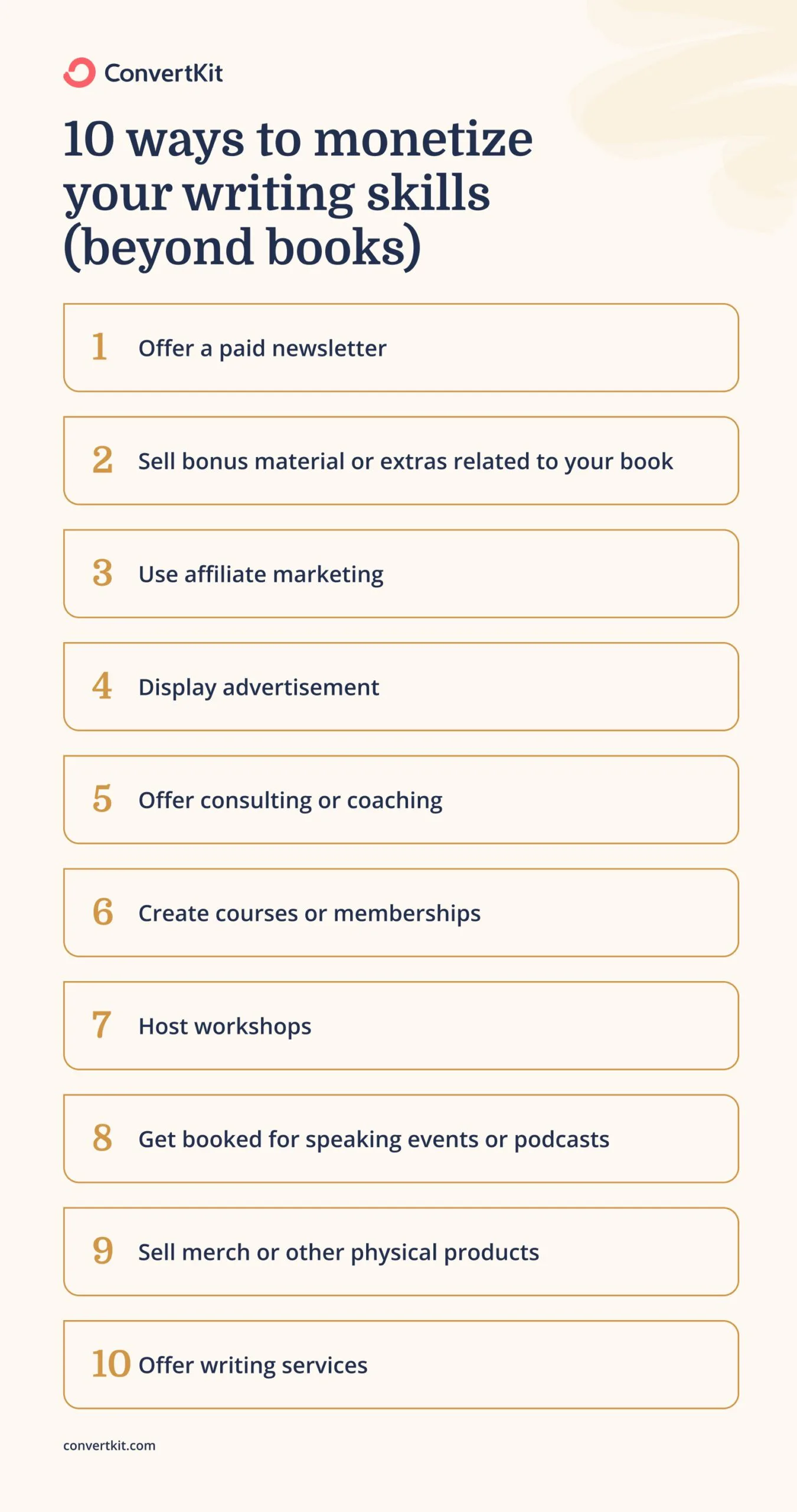 Ideas on how to make money as an author: offer a paid newsletter, sell bonus material related to your book, use affiliate marketing, display ads, host workshops, offer writing services, and more.