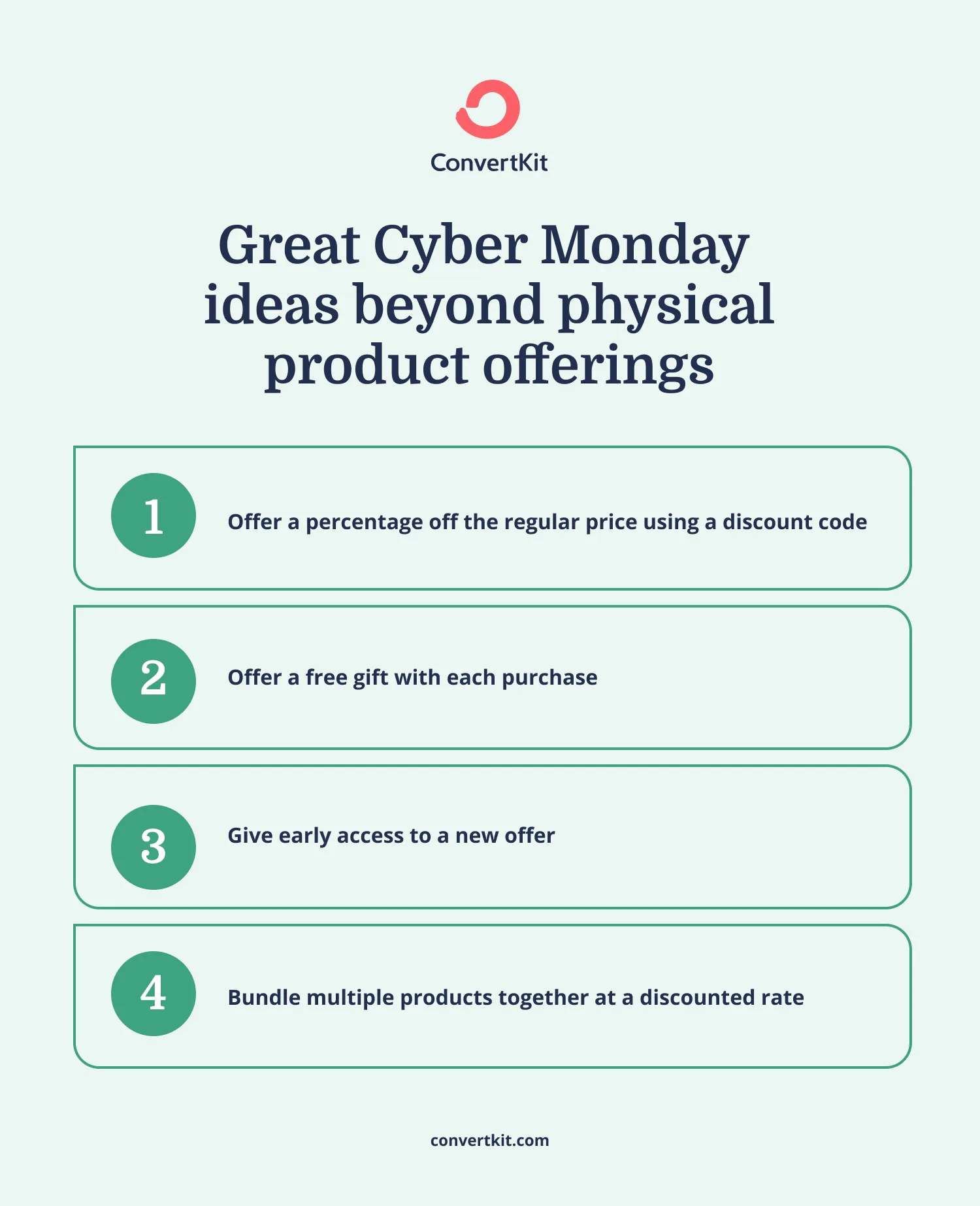 Cyber Monday ideas beyond physical product offerings: free gift with each purchase, early access, product bundle at discounted rate, or % of the regular price.