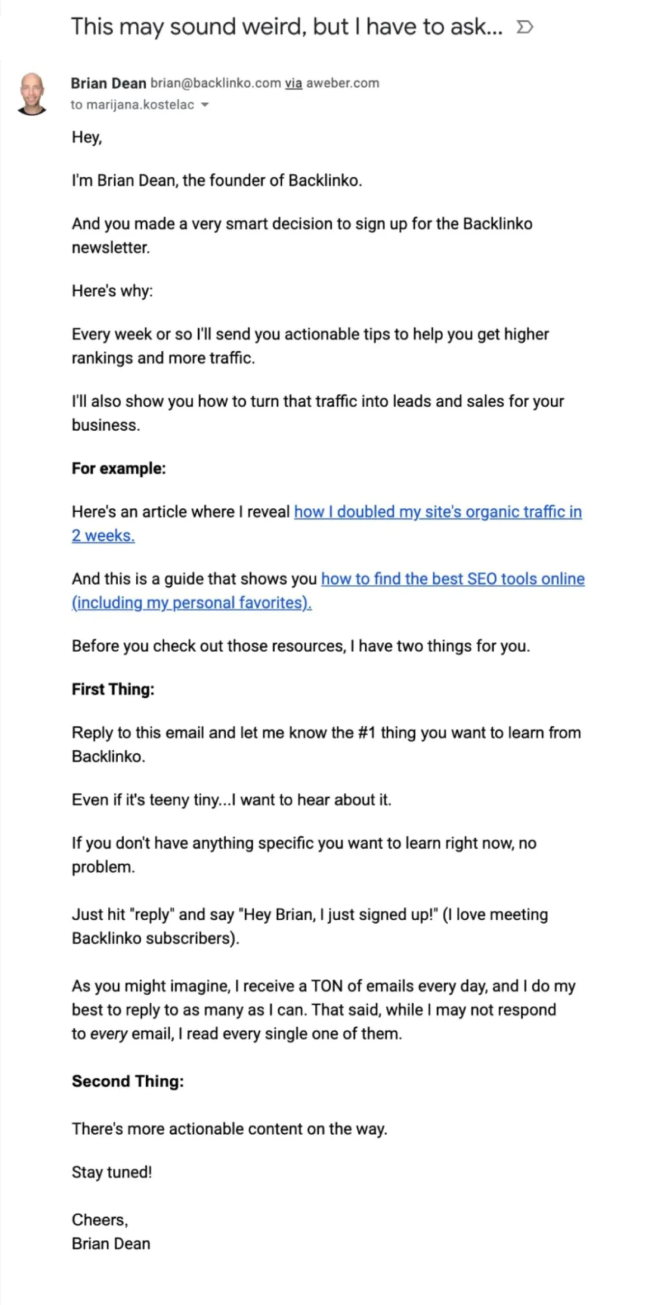 Backlinko’s welcome email