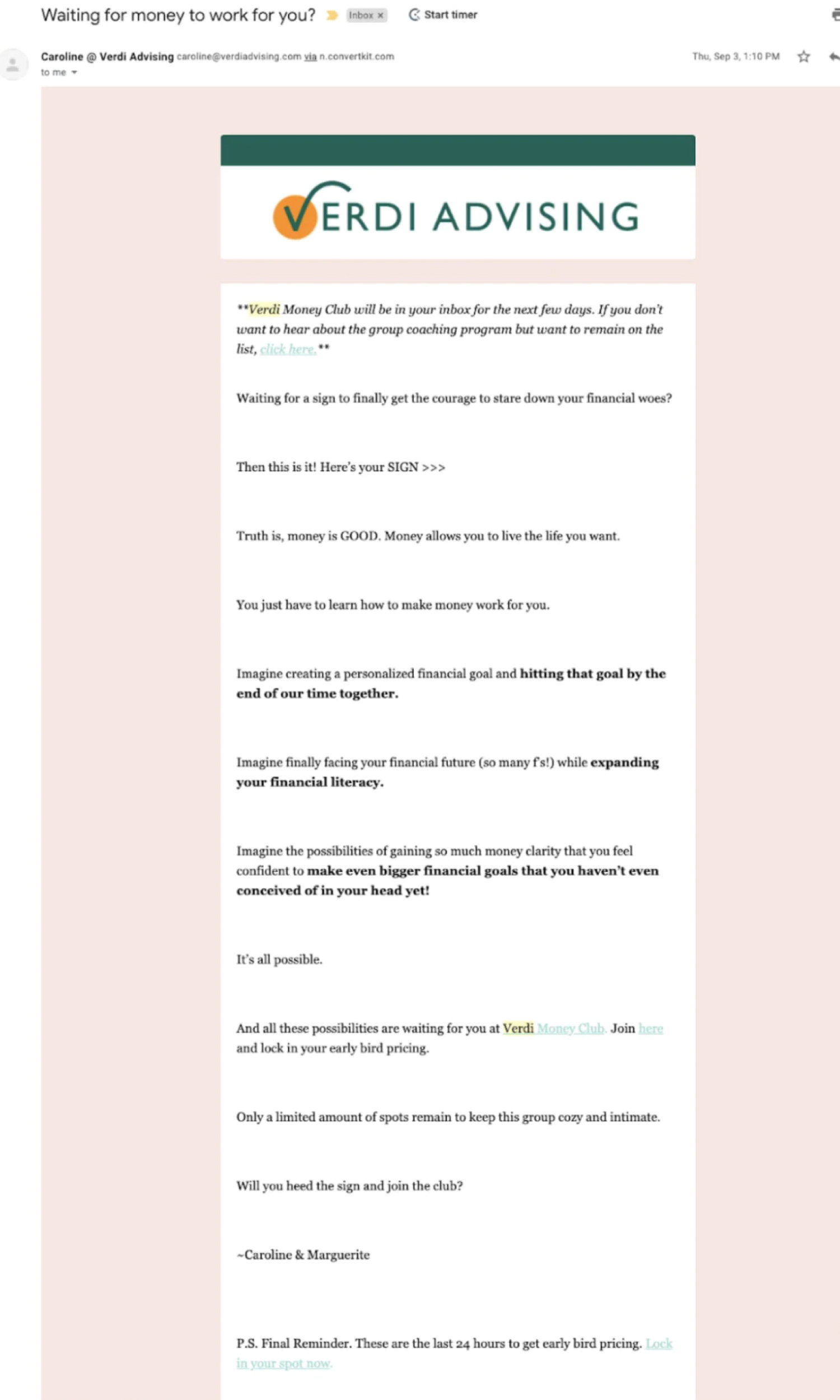 Email by Verdi Advising sent as part of their program’s launch