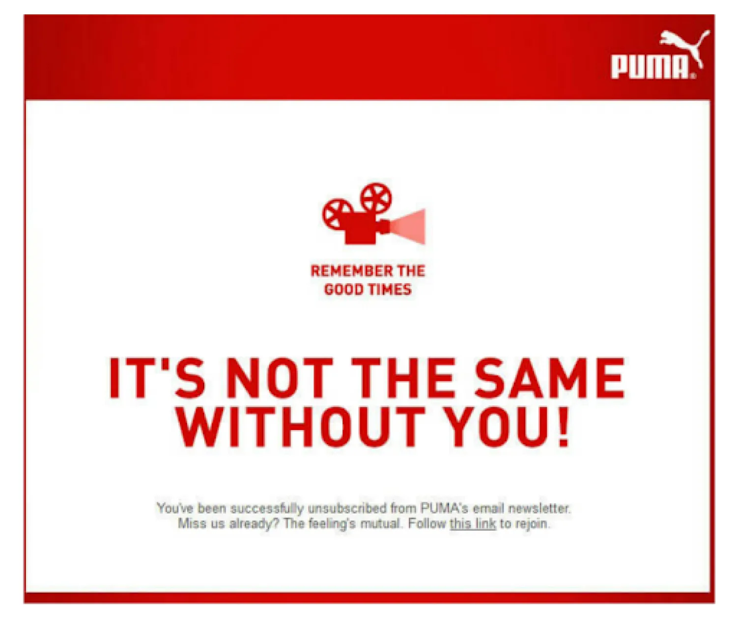 Puma email screenshot to a subscriber who has clicked the ‘unsubscribe’ button