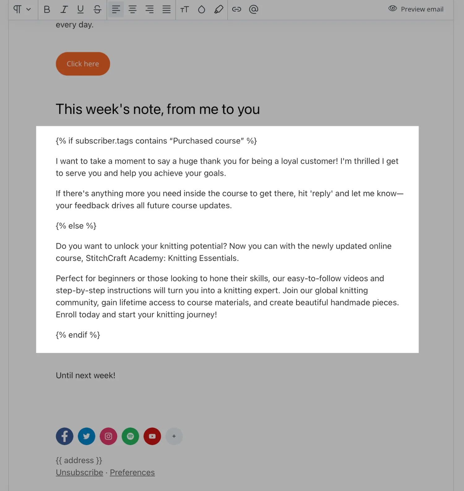 What product email personalization looks like in Kit's backend with template language Liquid