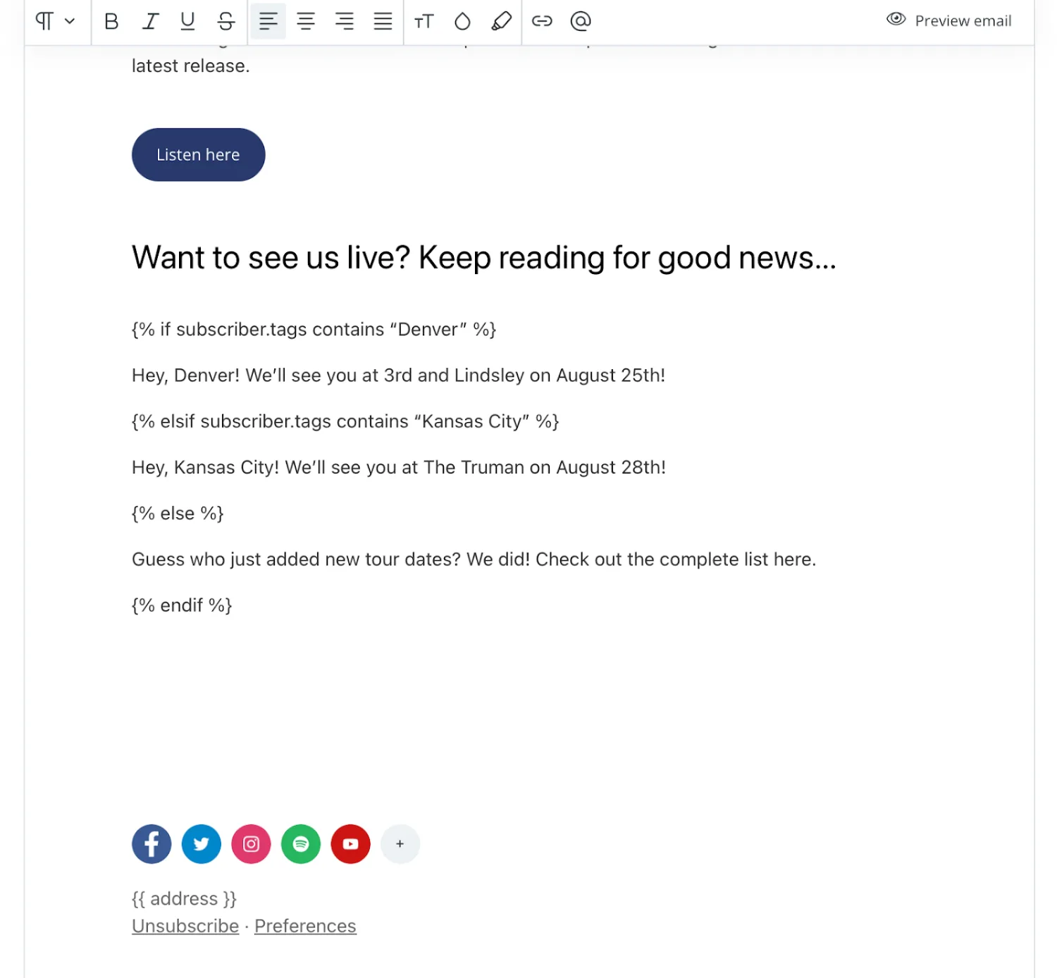 Example of event email personalization in Kit's backend with template language Liquid