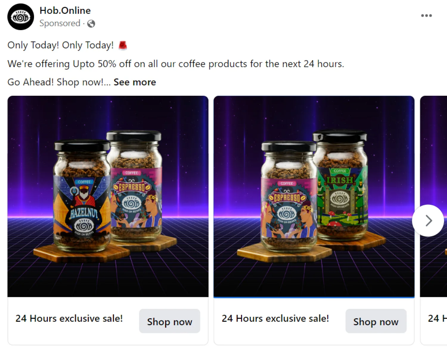 Facebook ad example with 50% discount offer.