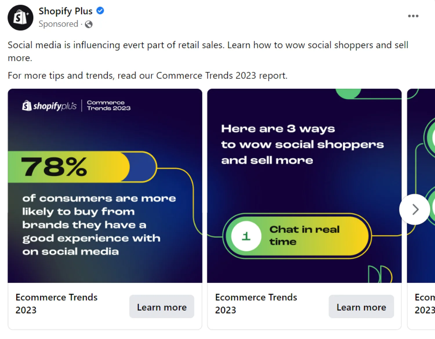 Facebook carousel ad promoting downloadable report with informational intent from Shopify.