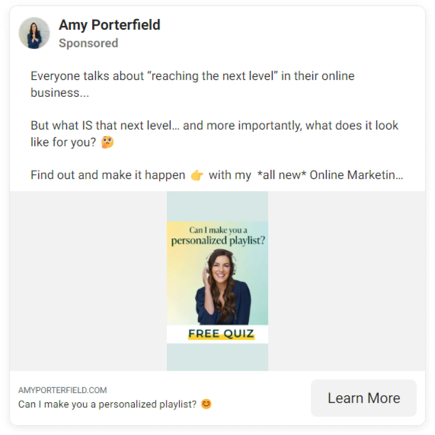 Facebook ad example promoting marketing quiz with graphic poster