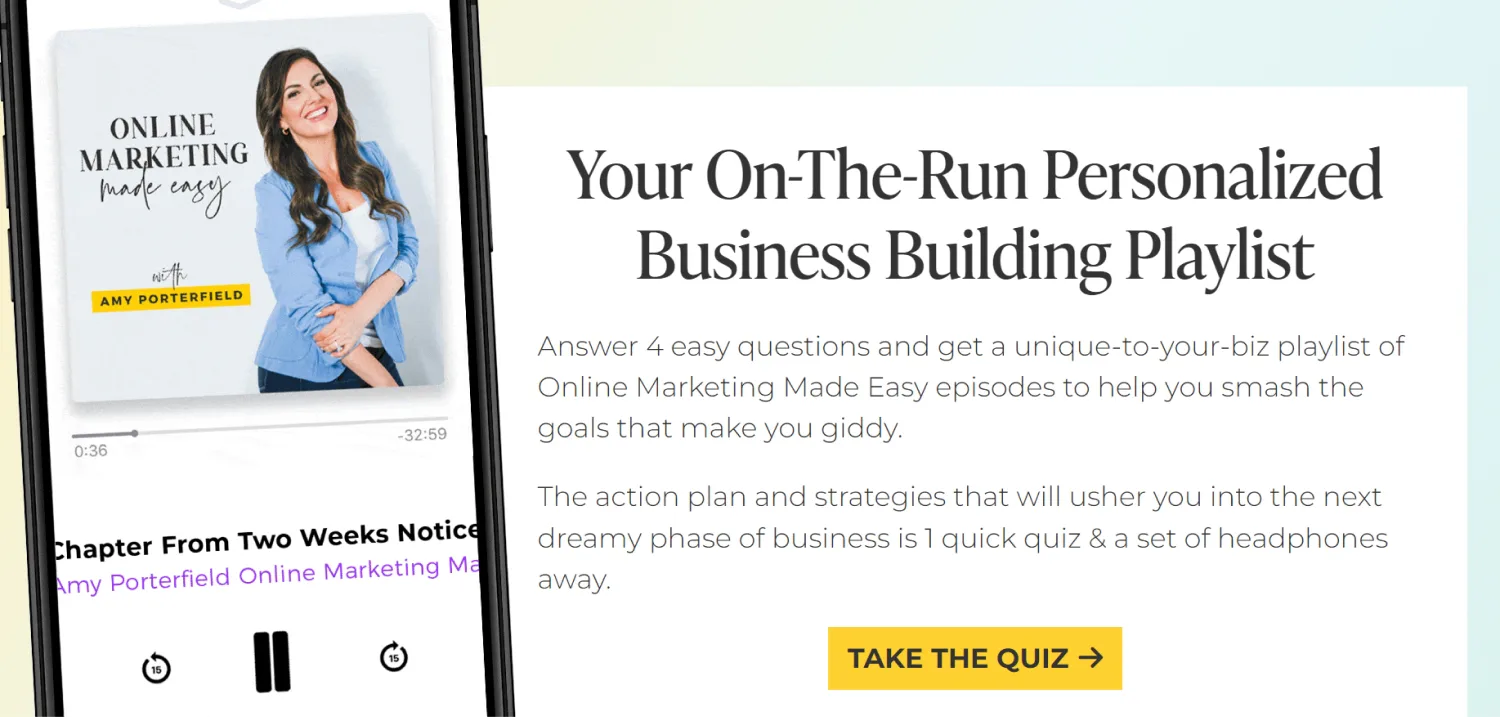 Facebook ad landing page example with quiz CTA and benefits