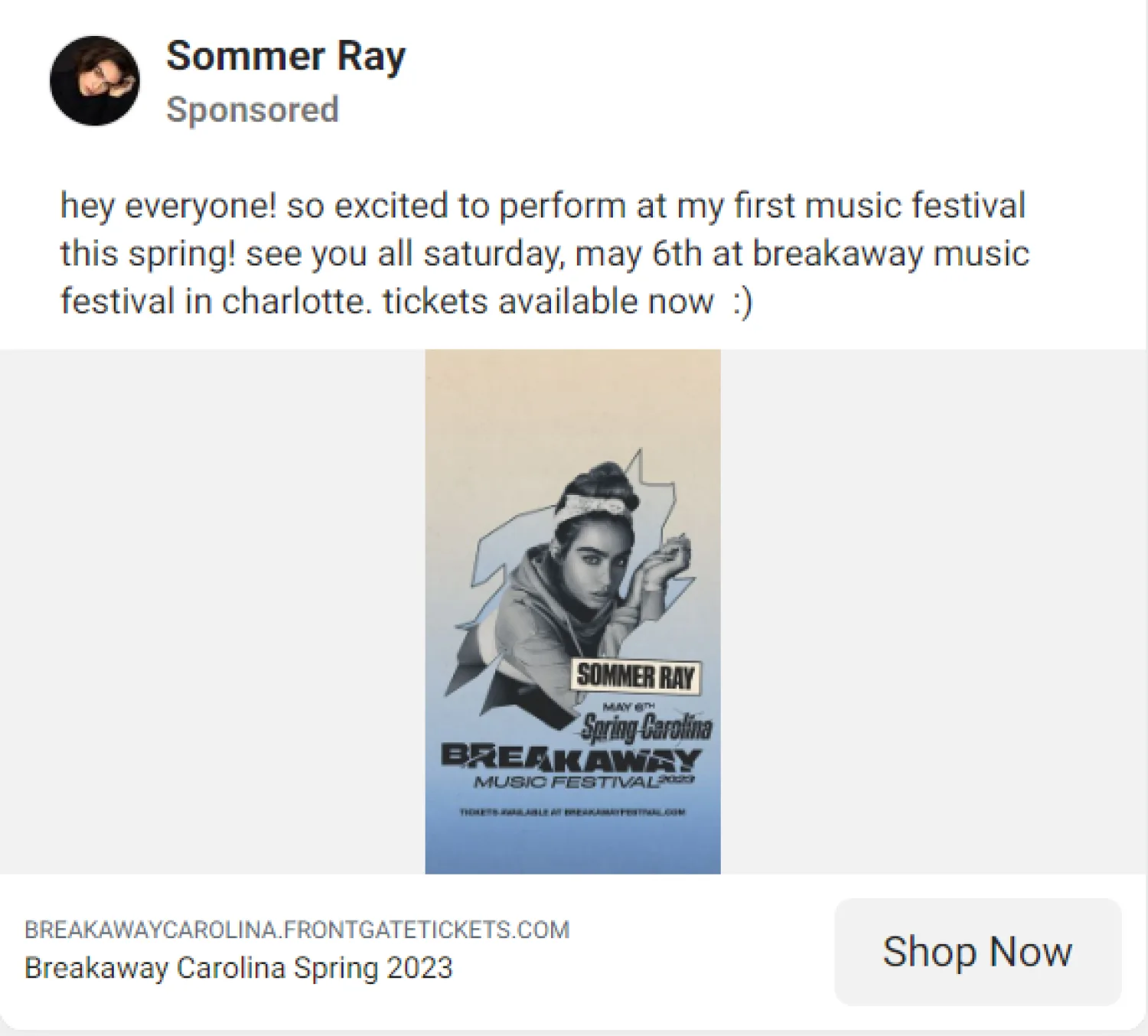 Facebook ad example promoting event tickets with static poster