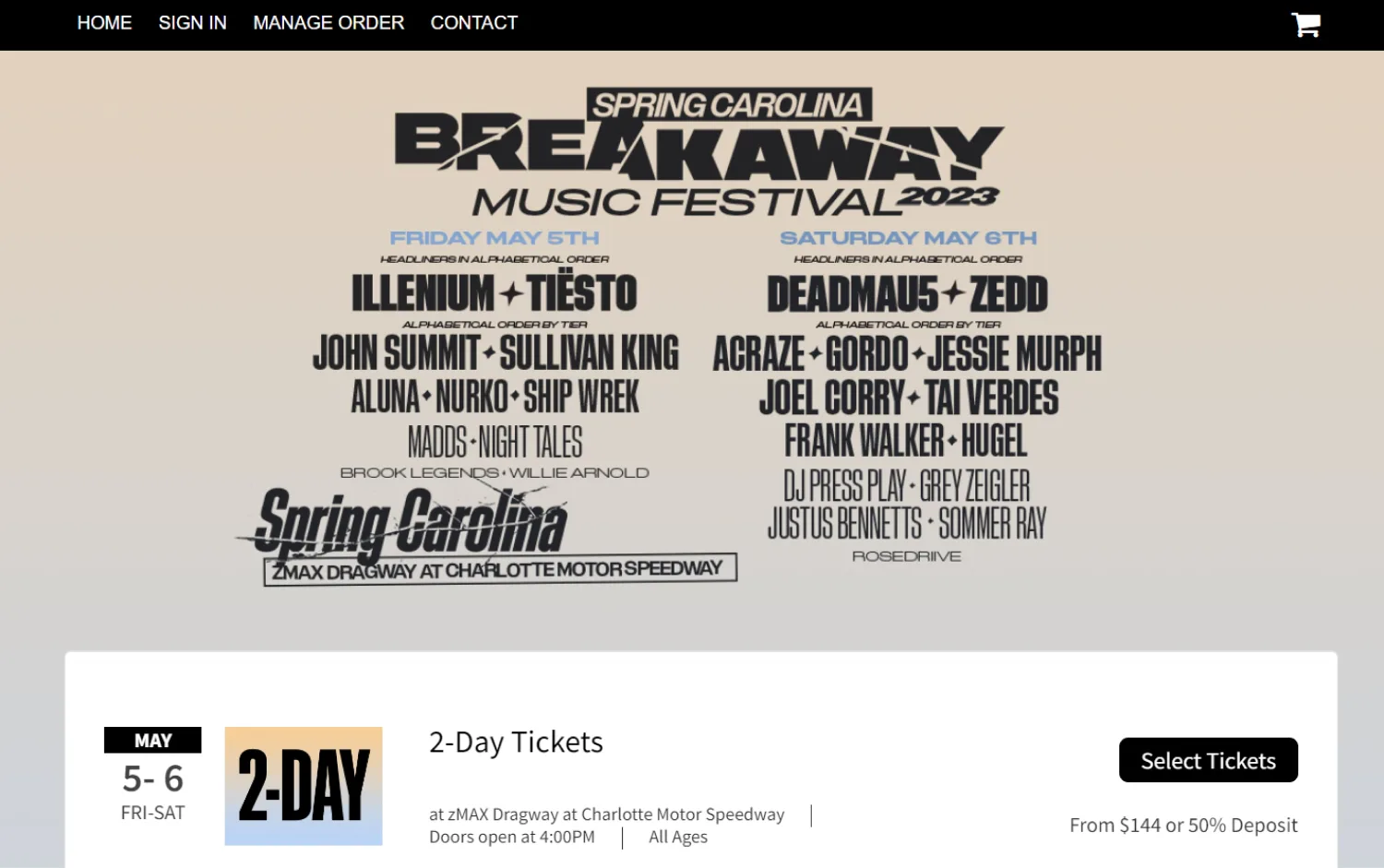 Landing page for Facebook ads promoting event tickets with artist lineup