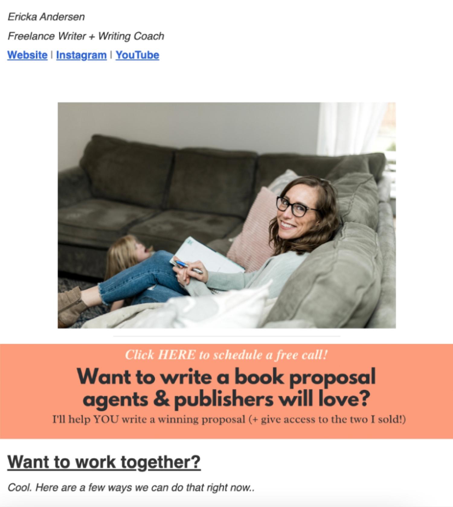 Ericka Andersen’s email CTA “Click here to schedule a free call!”