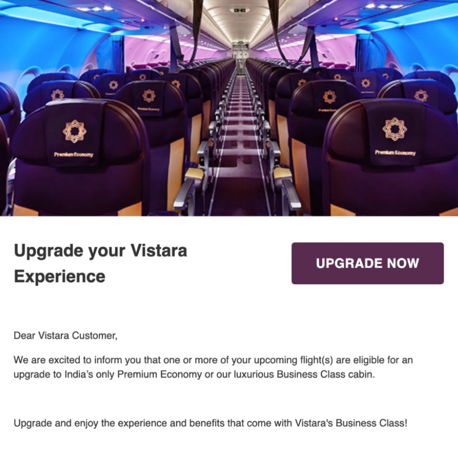 Vistara Airlines email to upgrade upcoming flight with purple CTA button