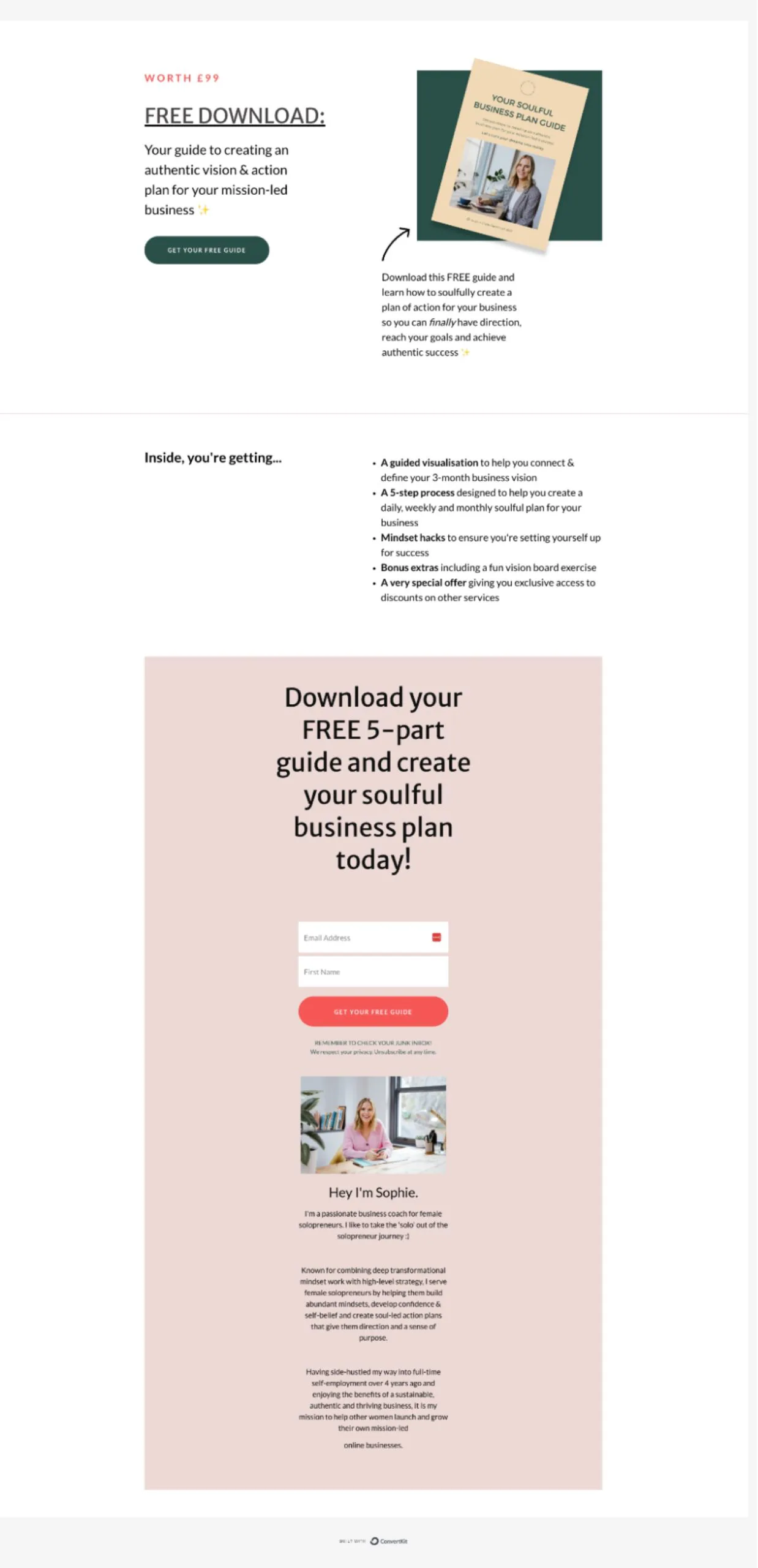 A lead generation landing page featuring a free business plan guide image and creator headshot.