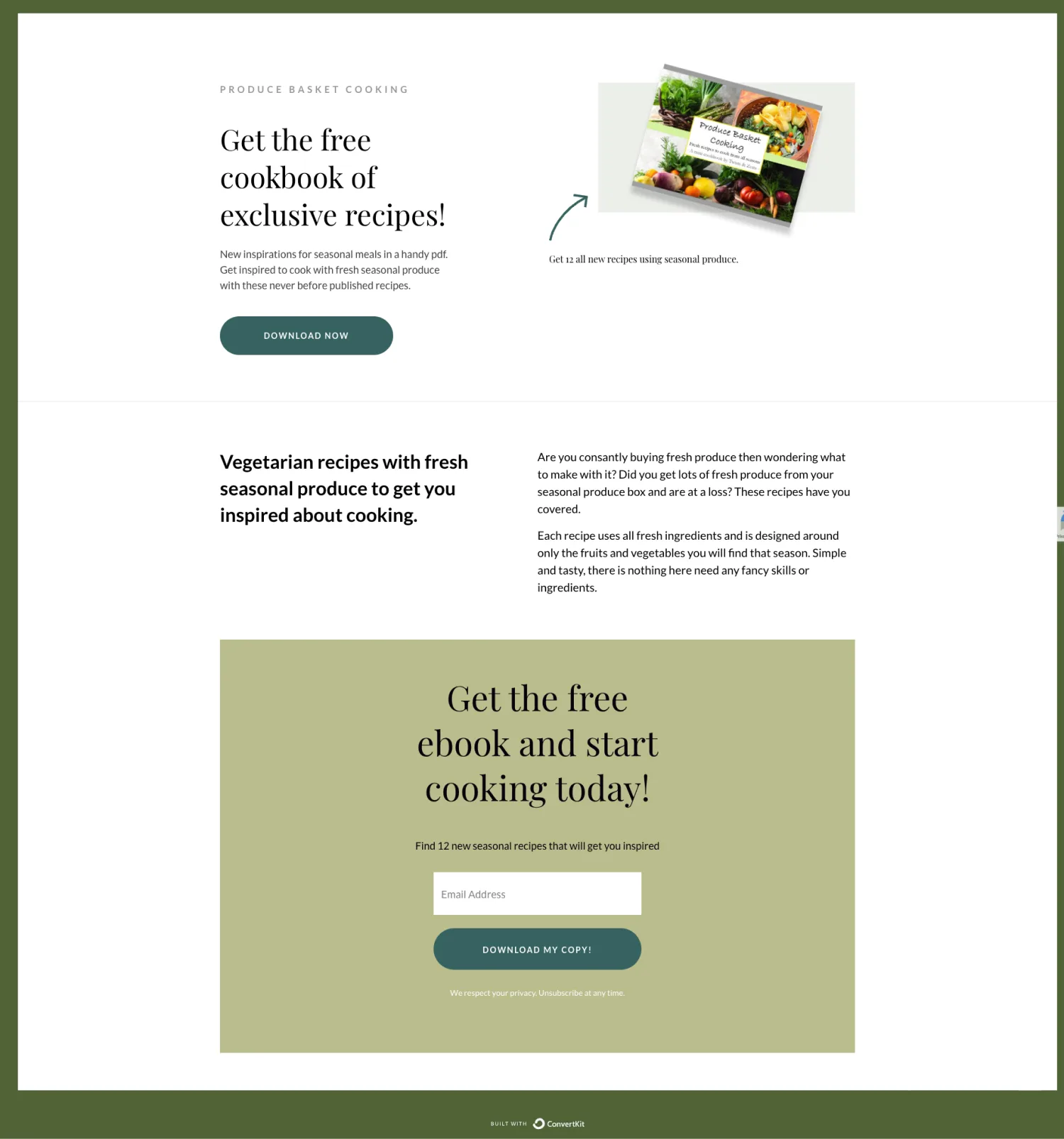 A lead gen example using a free recipe resource to address a specific audience pain point.