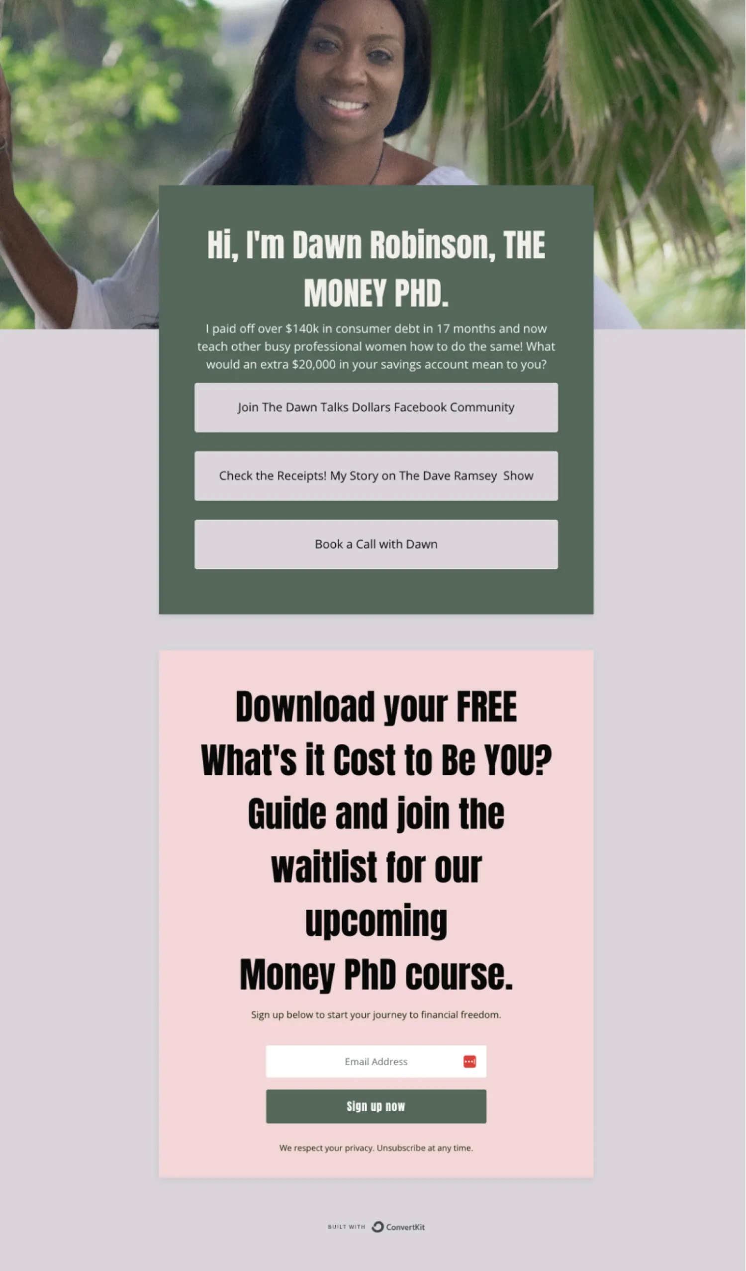 A lead generation landing page with links to media features and a creator's personal story.