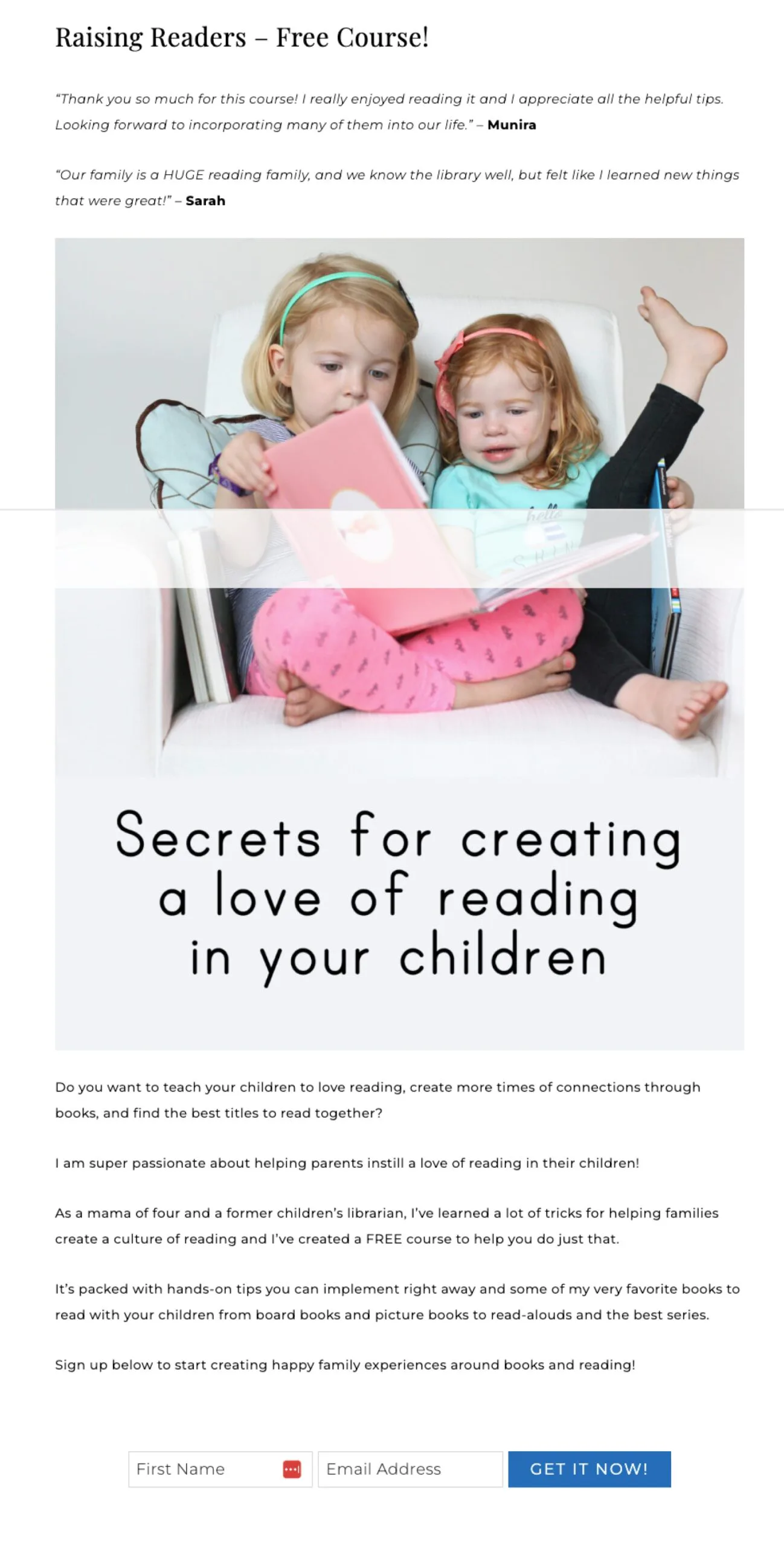 A lead generation landing page featuring multiple named testimonials to build credibility for an email course.