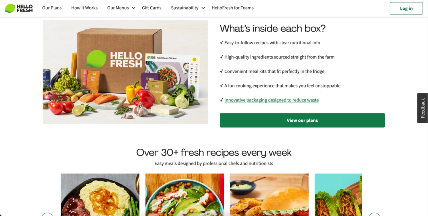 Hello Fresh’s website offers a landing page for prospective customers with a green CTA button reading ‘View our plans’