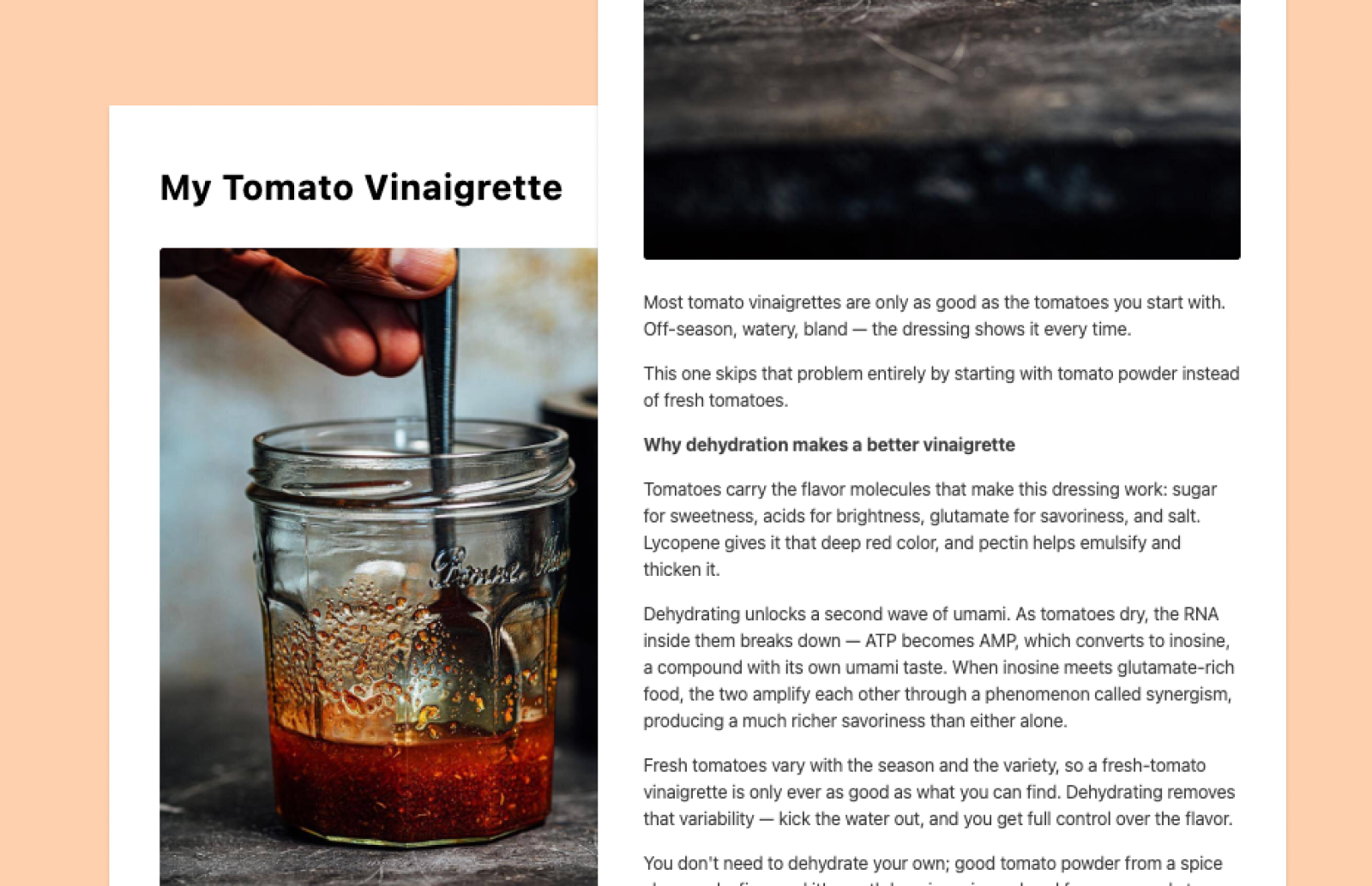 tomato vineagrette newsletter image on an orange backgorund