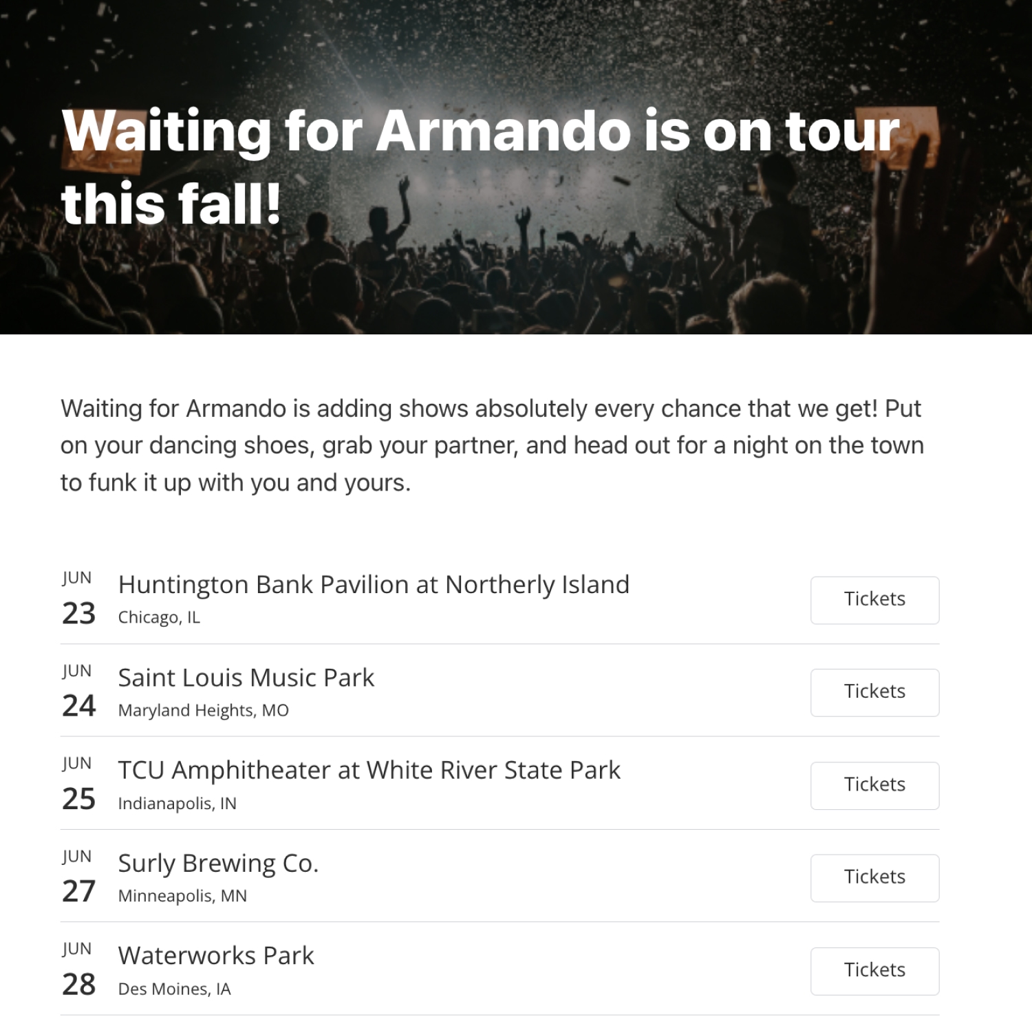 Kit's newsletter template "Bridge" is a great choice for musicians – or other creator types – that go on tour or have speaking events.