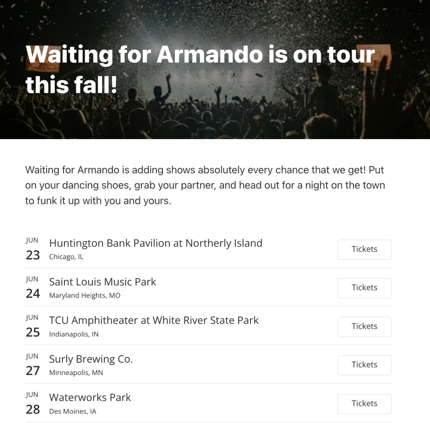Kit's newsletter template "Bridge" is a great choice for musicians – or other creator types – that go on tour or have speaking events.