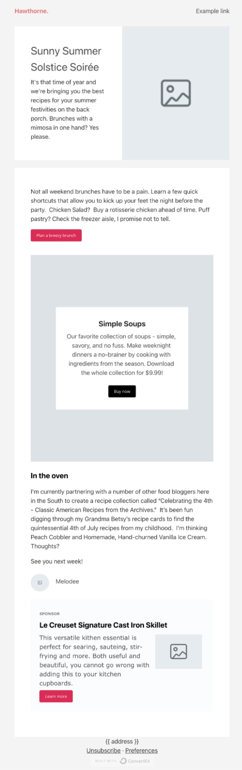 Kit's newsletter design template "Hawthorne" is ideal for food bloggers or chefs that want to share their recipes with their readers.