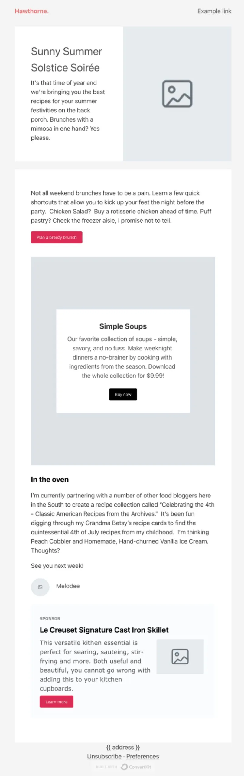 Kit's newsletter design template "Hawthorne" is ideal for food bloggers or chefs that want to share their recipes with their readers.