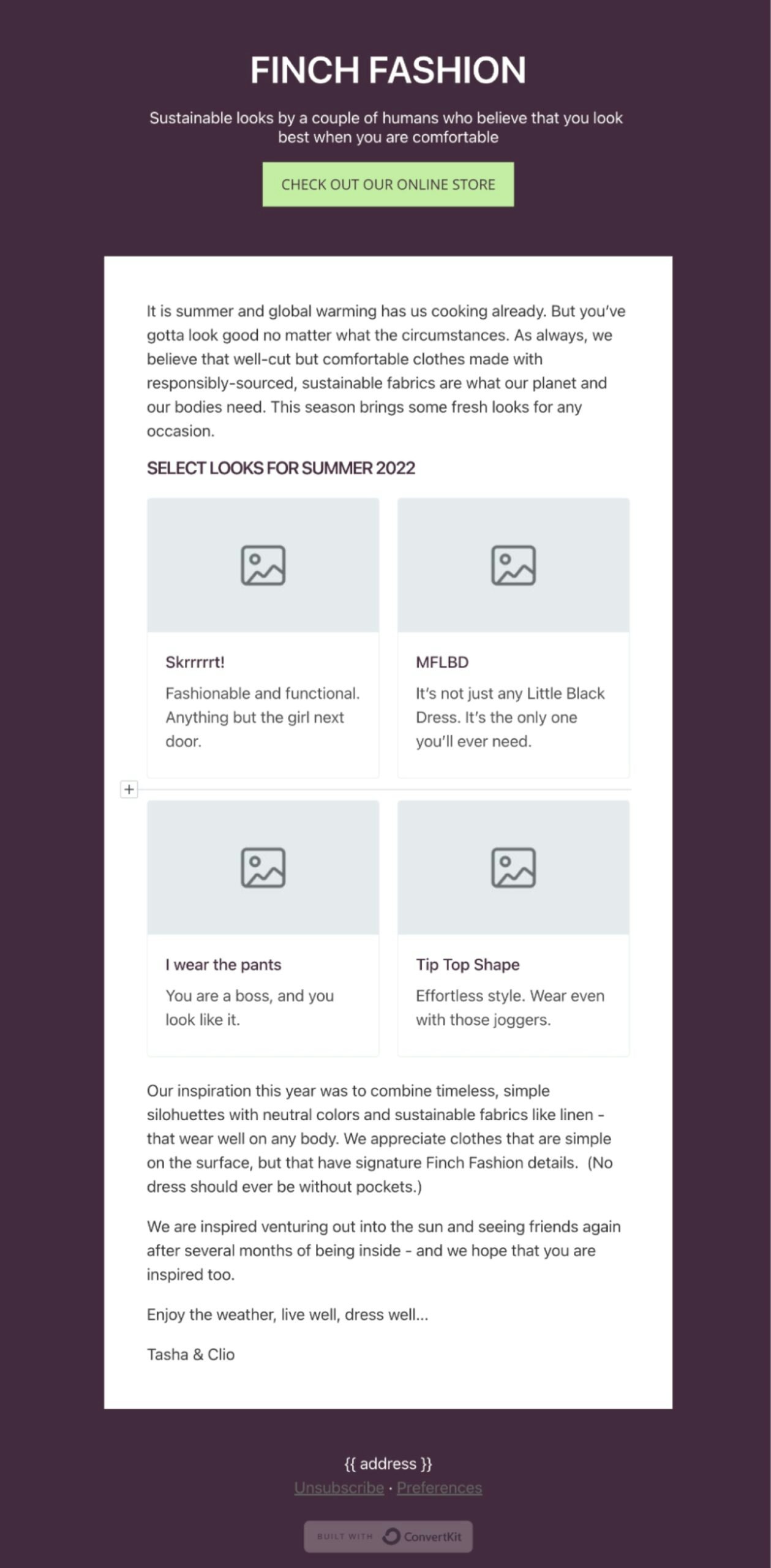 Kit's newsletter design template "Finch" is great for eCommerce stores or creators that want to showcase their digital products professionally.