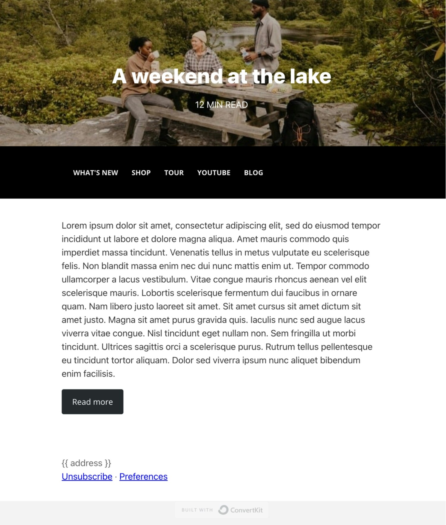 Kit's newsletter template "Weekend" includes a menu, so you can add links to other resources without taking too much attention away from the email body.