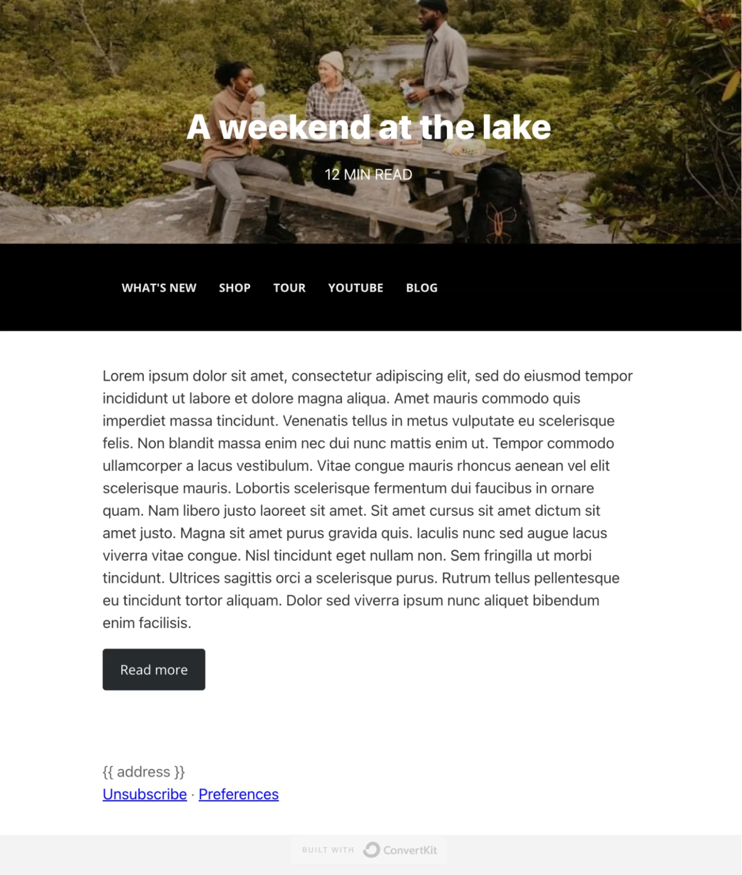 Kit's newsletter template "Weekend" includes a menu, so you can add links to other resources without taking too much attention away from the email body.