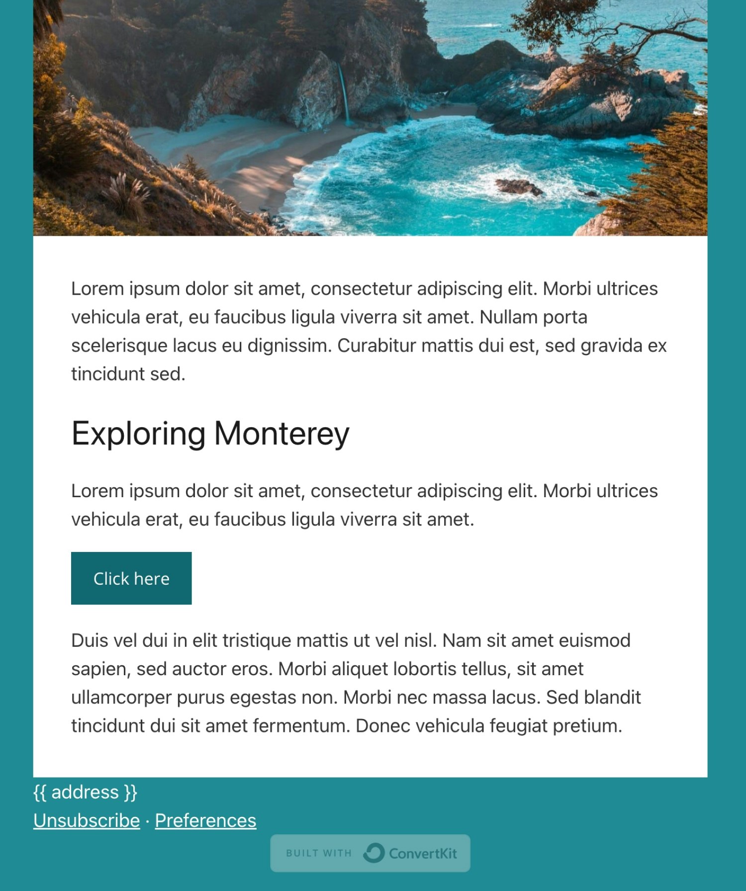 Kit's newsletter design template "Monterey" is a great choice for all creators that love a splash of color.