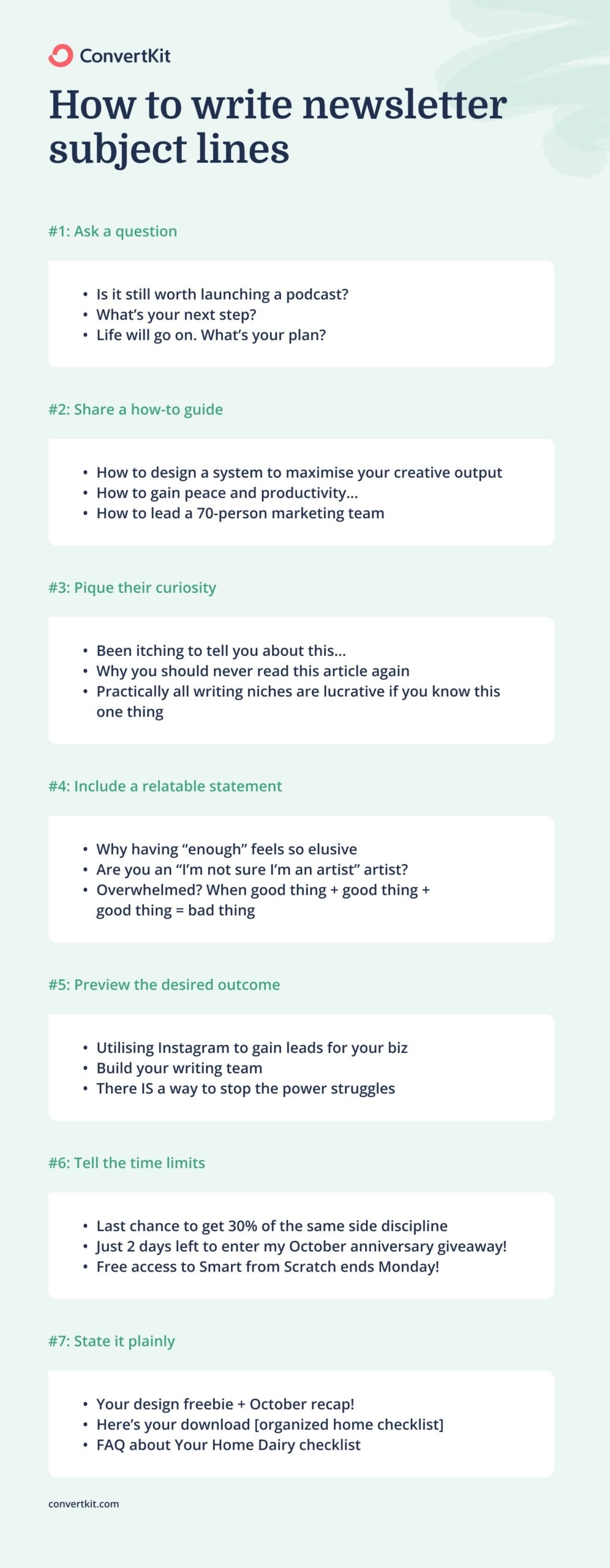 How to write newsletter subject lines with the styles the pros use: Ask a question, preview a desired outcome, pique their curiosity, and more.