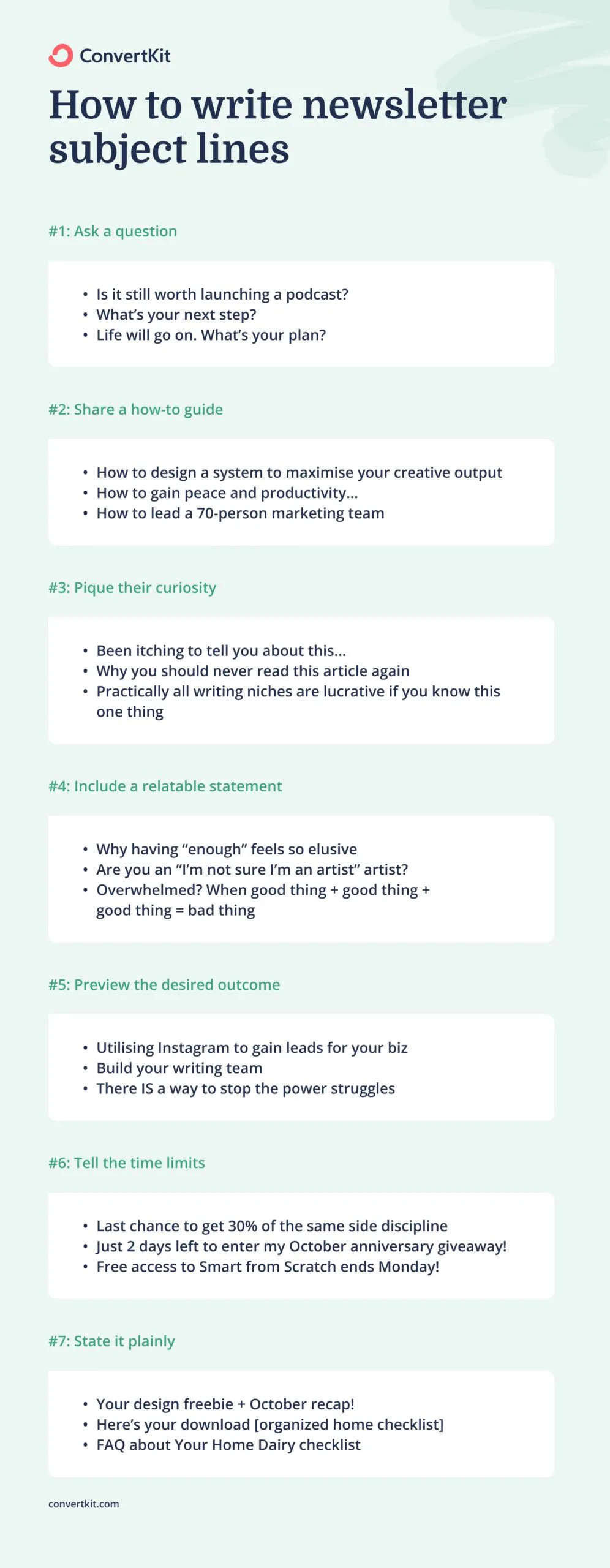 How to write newsletter subject lines with the styles the pros use: Ask a question, preview a desired outcome, pique their curiosity, and more.