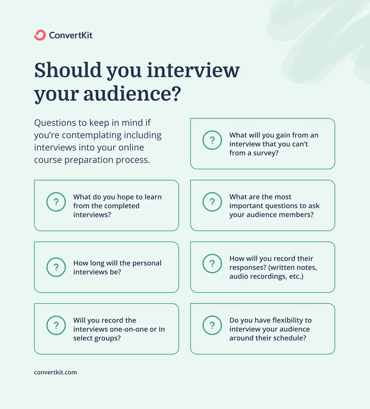 Questions to keep in mind if you're considering interviewing your audience to come up with good online course ideas.