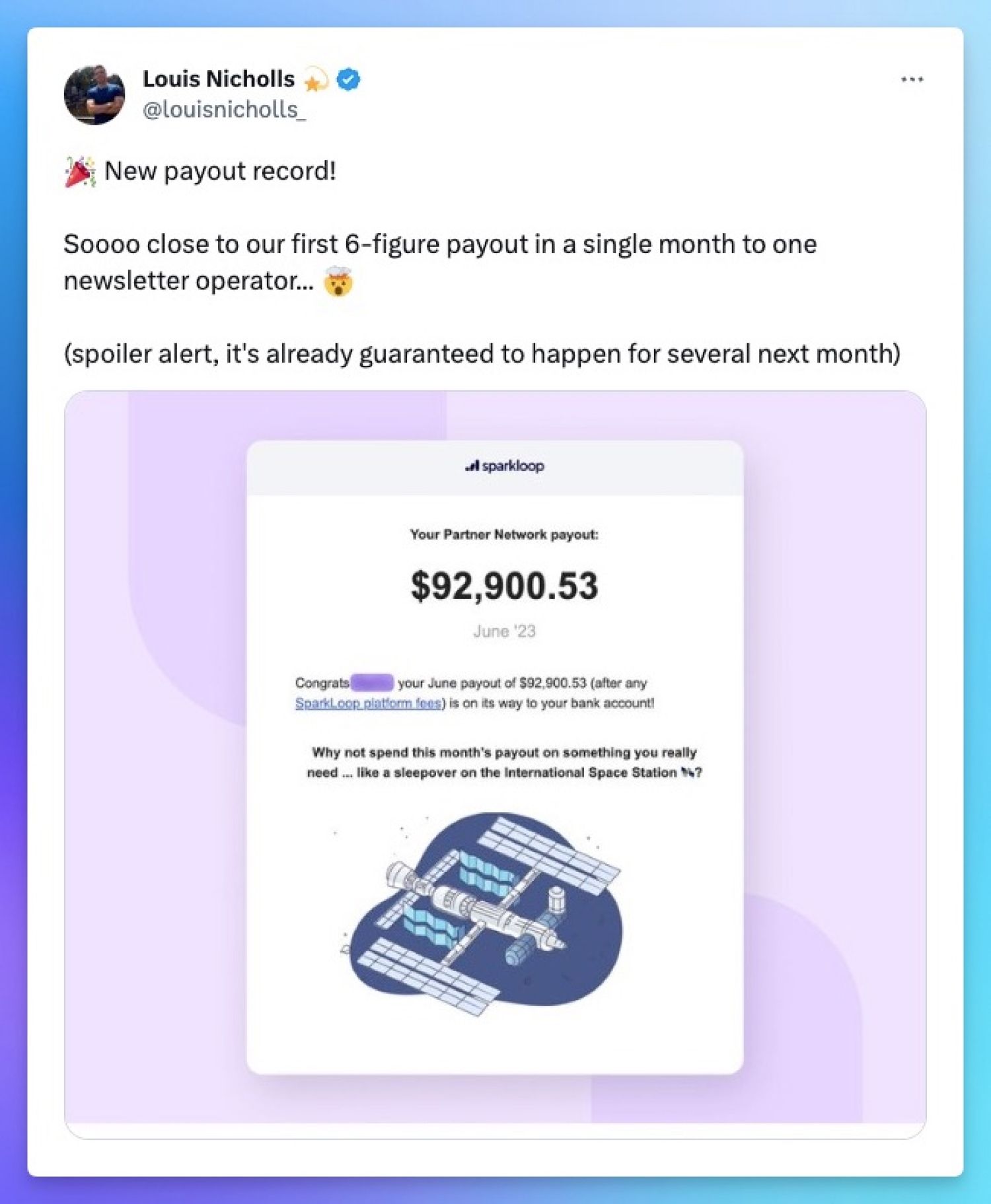 Louis Nicholls talks about largest payout for Creator Network