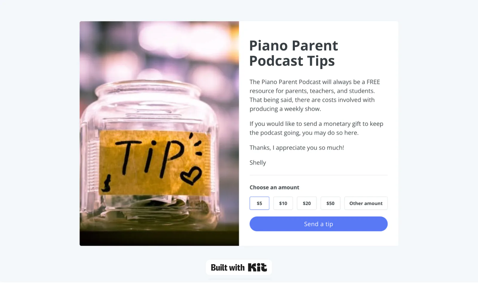 A podcast virtual tip page lets listeners directly support producers. <a href="https://long-grass-4319.kit.com/products/piano-parent-tip-jar" target="_blank" rel="noopener">Image via Piano Parent Podcast</a>.