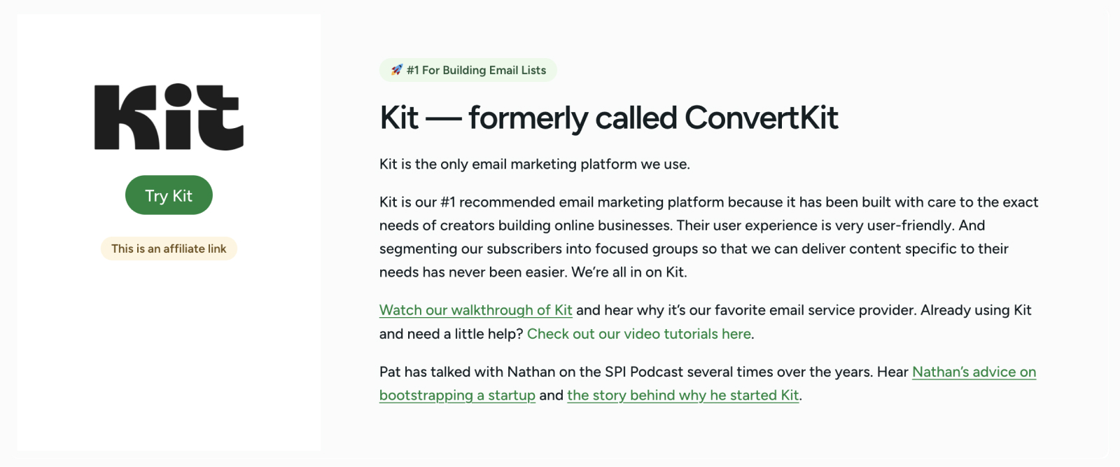 Pat Flynn has used Kit for years and recommends it to his audience. <a href="https://www.smartpassiveincome.com/resources/" target="_blank" rel="noopener">Image via Smart Passive Income</a>.