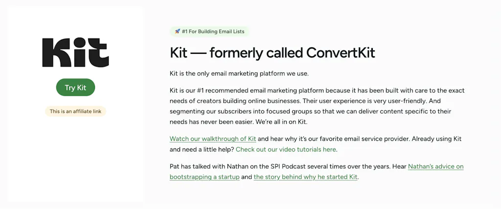 Pat Flynn has used Kit for years and recommends it to his audience. <a href="https://www.smartpassiveincome.com/resources/" target="_blank" rel="noopener">Image via Smart Passive Income</a>.