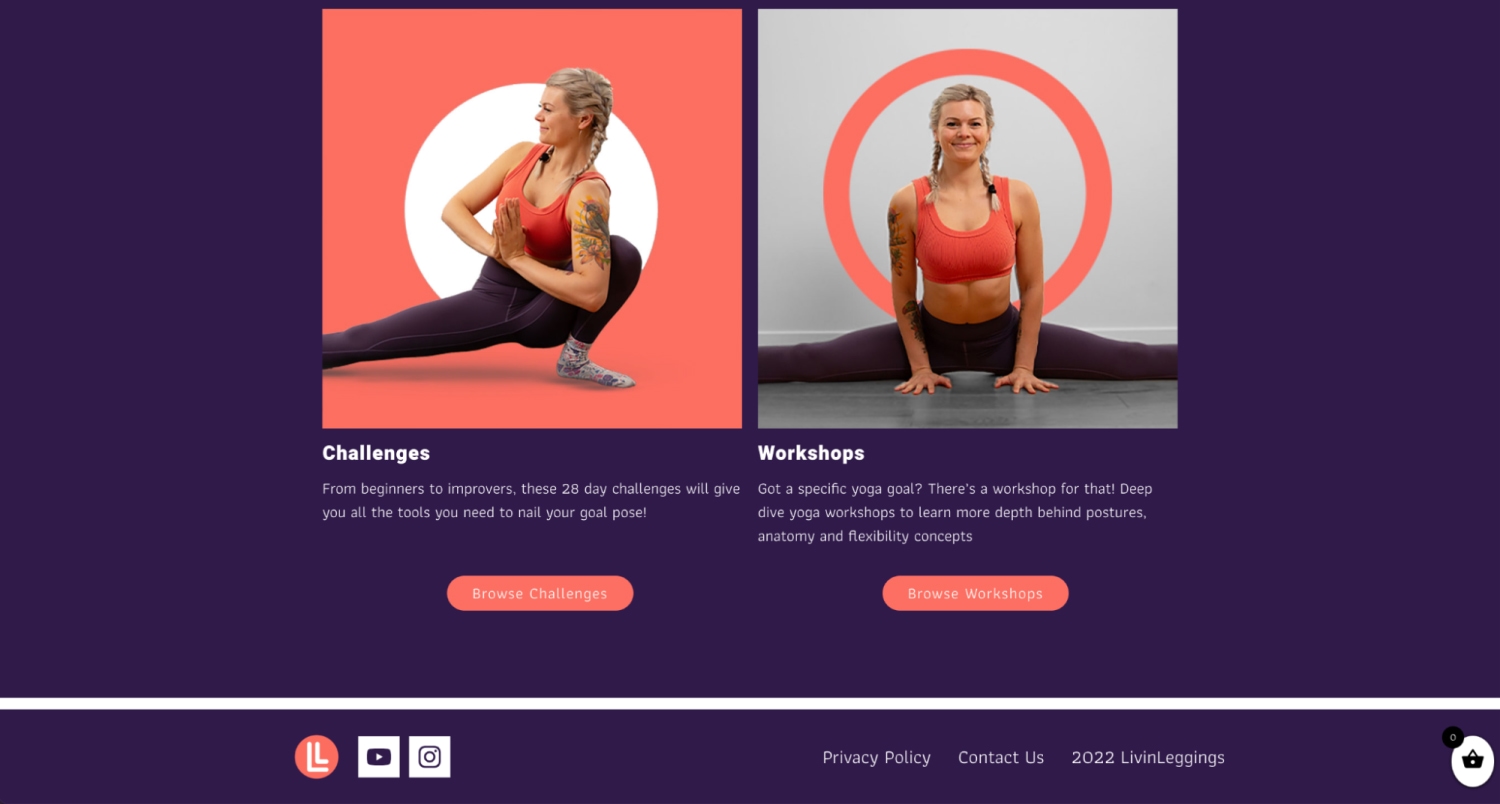 LivinLeggings CTA buttons encourage readers to ‘Browse Challenges’ or ‘Browse Workshops’