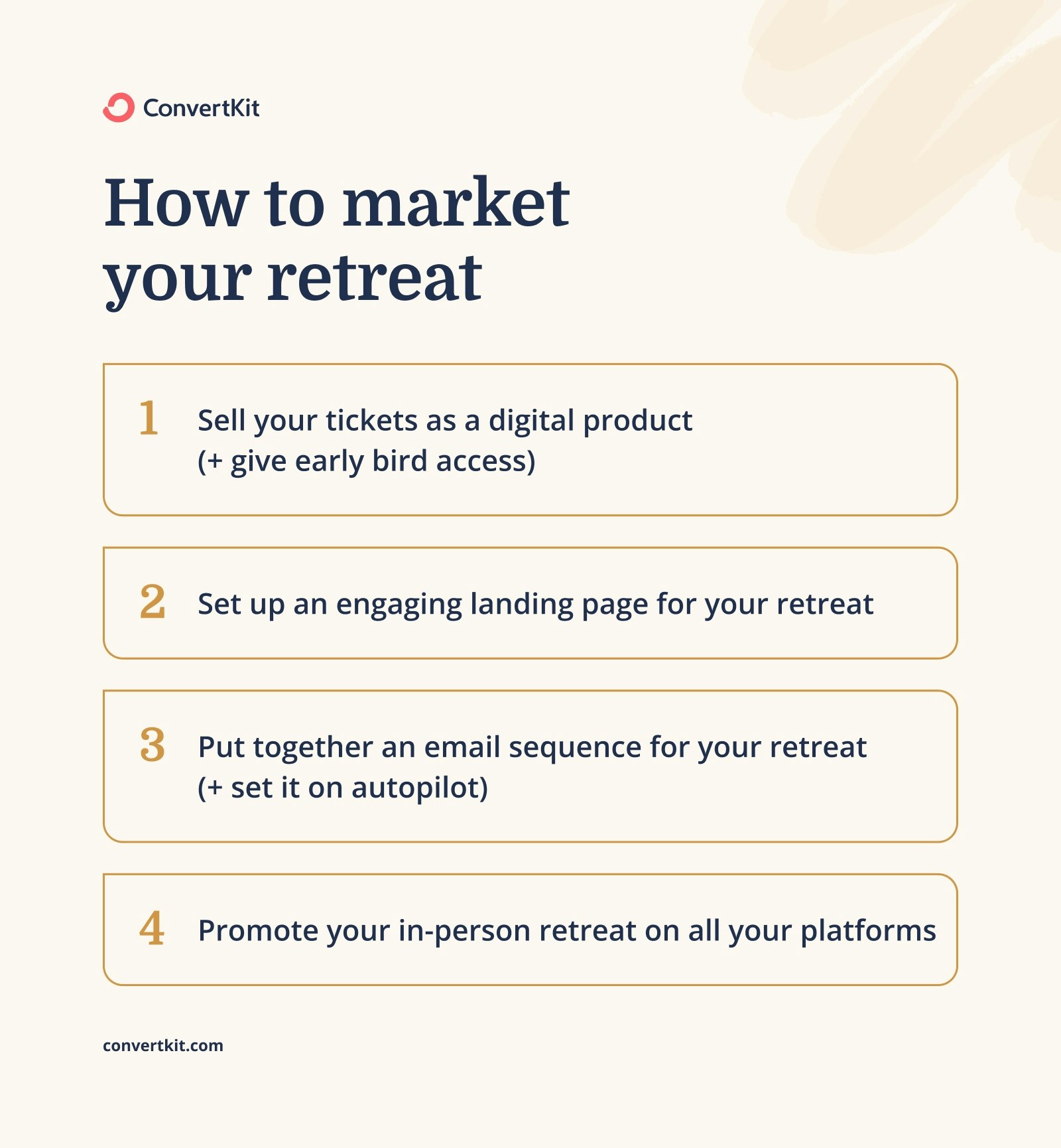 Simple retreat marketing tips: sell your tickets as a digital product, create a landing page, write an email sequence, and promote it everywhere.
