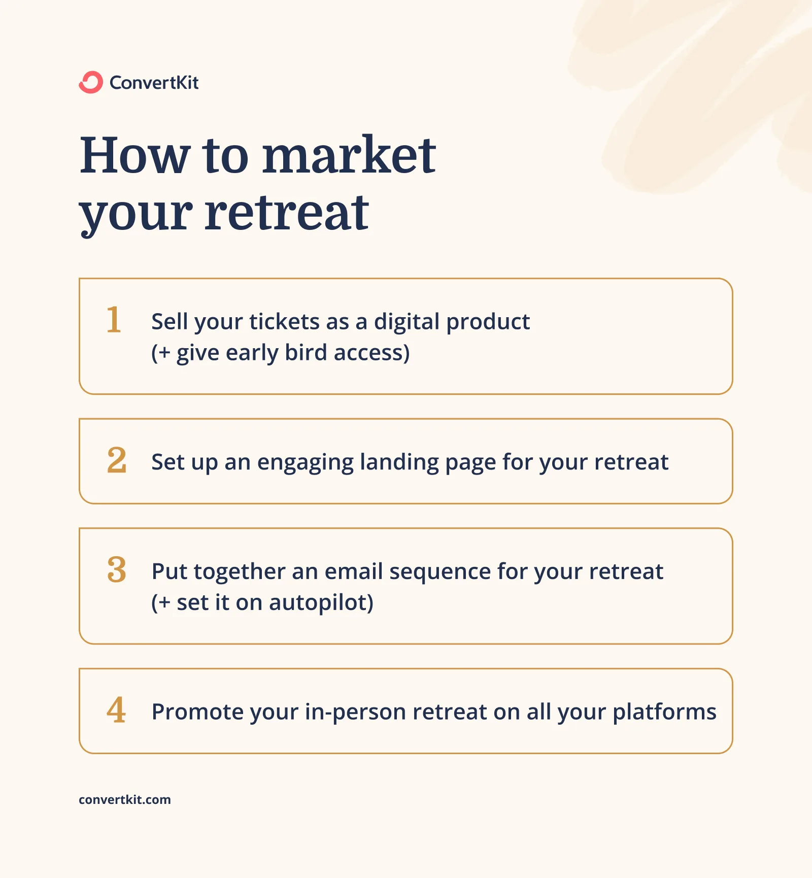 Simple retreat marketing tips: sell your tickets as a digital product, create a landing page, write an email sequence, and promote it everywhere.
