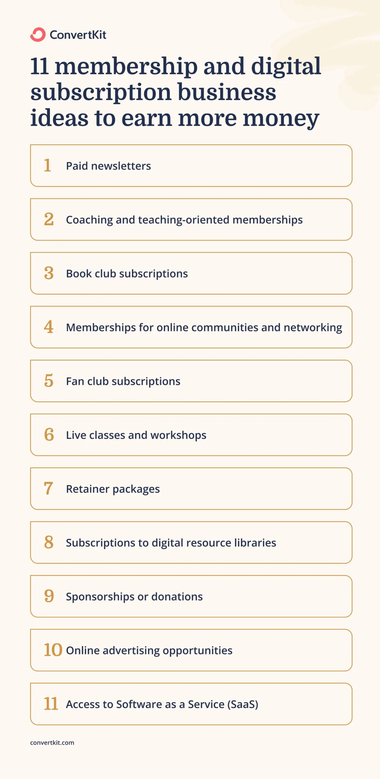 11 membership and subscription business ideas: paid newsletters, teaching-oriented memberships, book clubs, online communities and networking, fan clubs, live classes and workshops, retainer packages, resource libraries, donations, advertising opportunities, and access to SaaS.