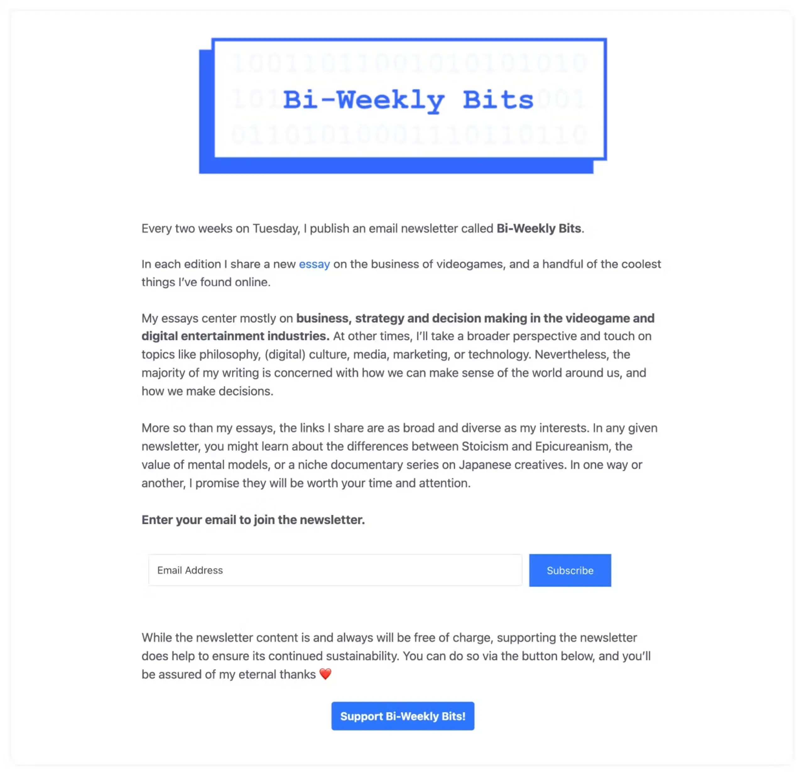 Past version of the Bi-Weekly Bits newsletter page.